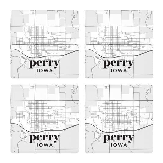 Ceramic Square Coaster 4-Set-Black & White Light Map Perry Iowa