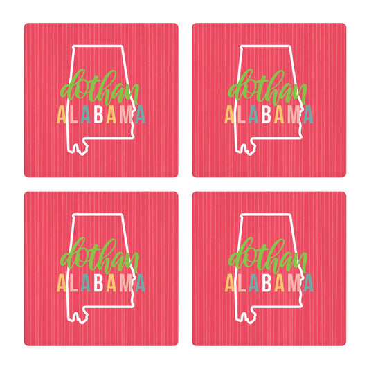 Ceramic Square Coaster 4-Set-Boho Color State on Pink Dothan Alabama