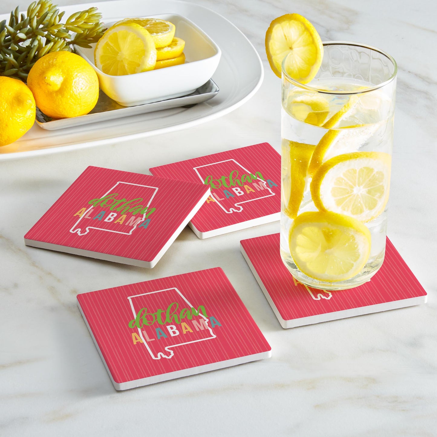 Ceramic Square Coaster 4-Set-Boho Color State on Pink Dothan Alabama