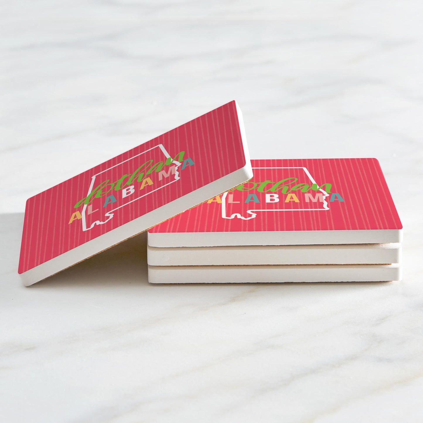 Ceramic Square Coaster 4-Set-Boho Color State on Pink Dothan Alabama
