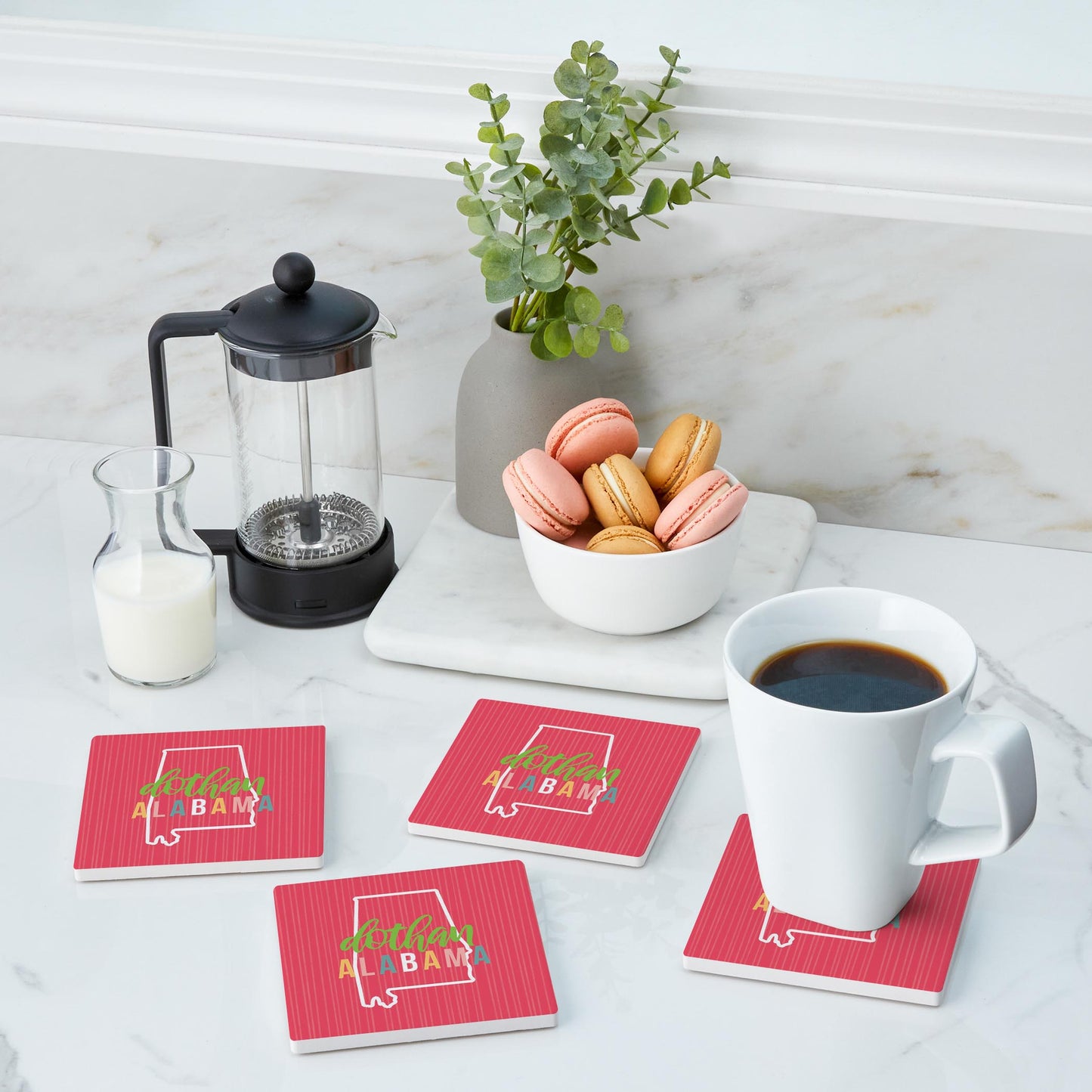 Ceramic Square Coaster 4-Set-Boho Color State on Pink Dothan Alabama