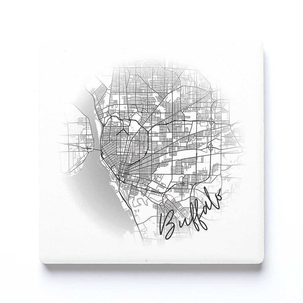 Ceramic Square Coaster-Minimalistic Faded Map Buffalo New York -0