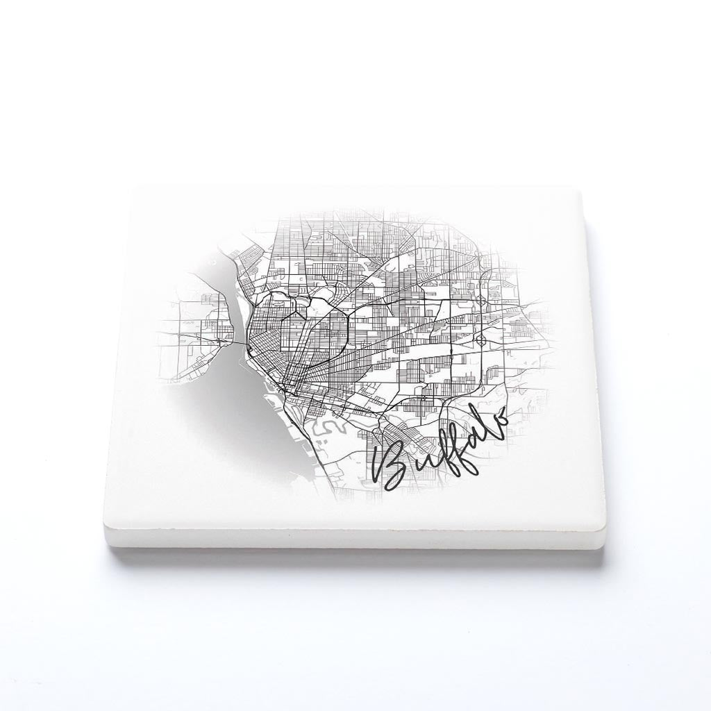 Ceramic Square Coaster-Minimalistic Faded Map Buffalo New York -1