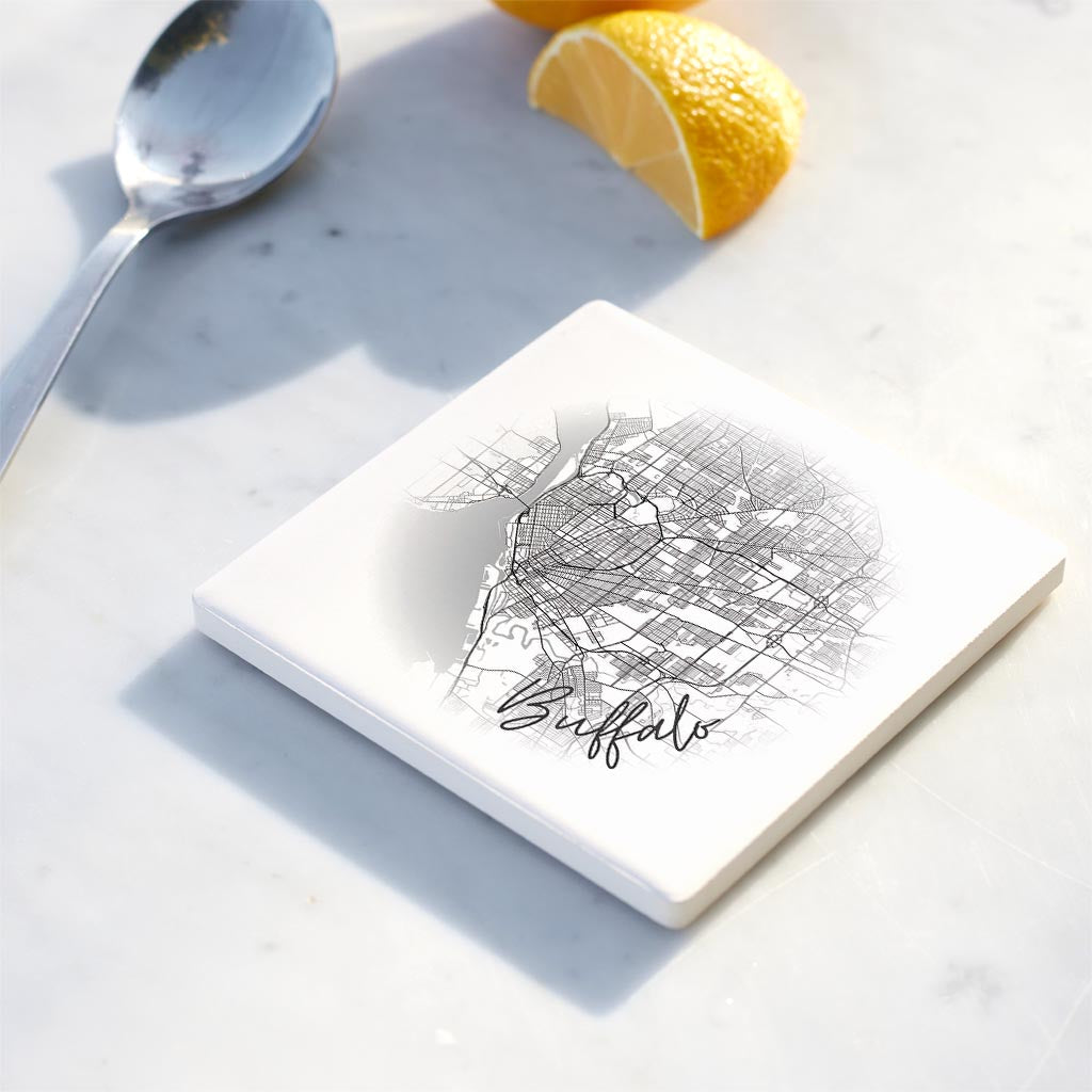 Ceramic Square Coaster-Minimalistic Faded Map Buffalo New York -3