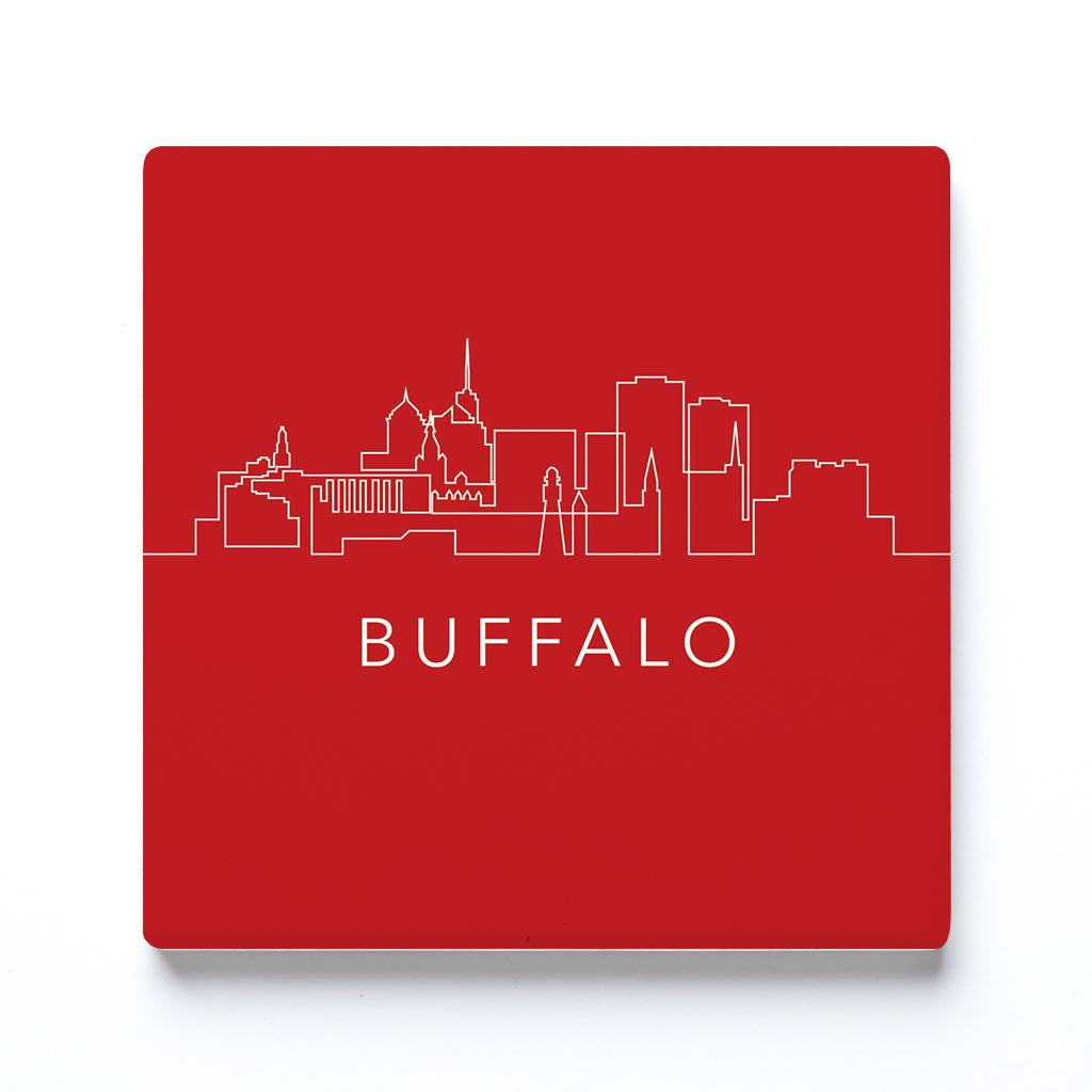 Ceramic Square Coaster-Red Buffalo NY Skyline -0