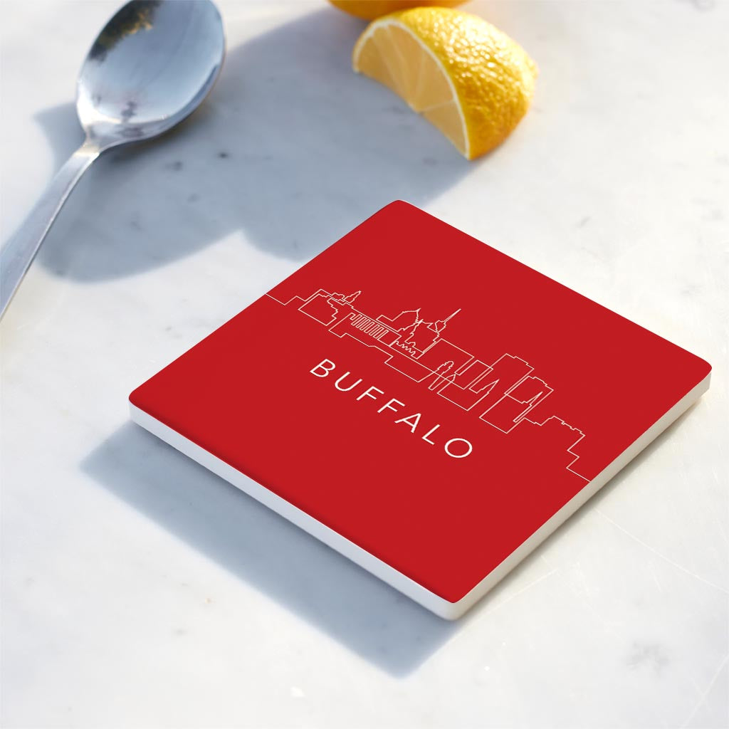 Ceramic Square Coaster-Red Buffalo NY Skyline -3