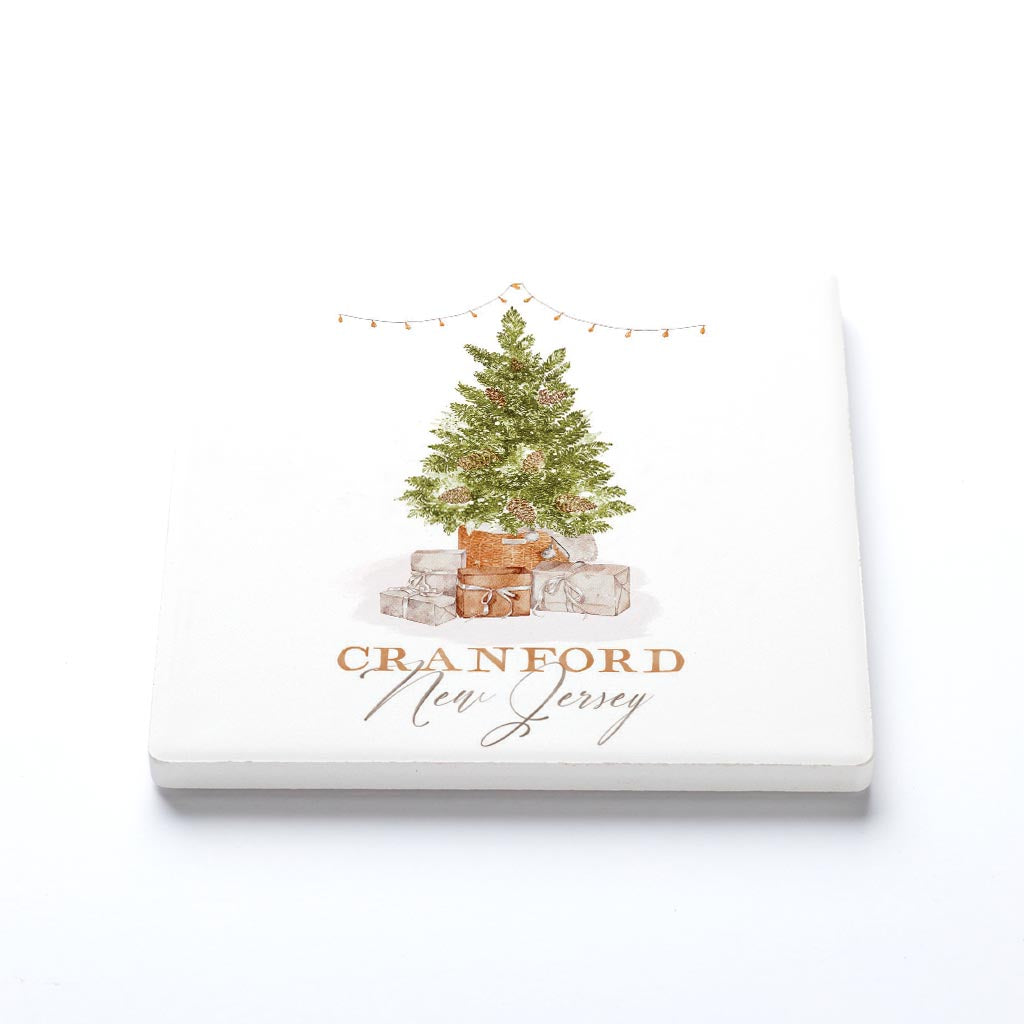 Ceramic Square Coaster-Christmas Cottage Tree Cranford New Jersey