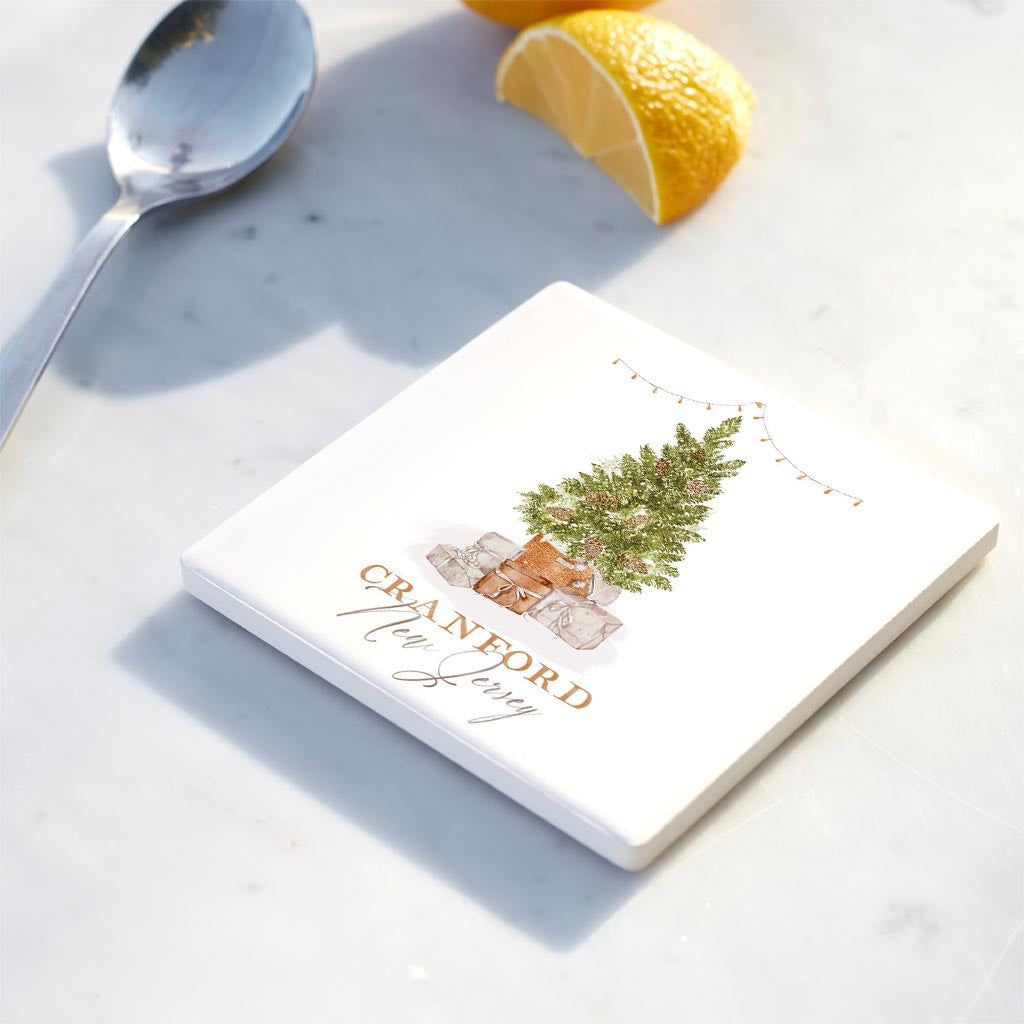 Ceramic Square Coaster-Christmas Cottage Tree Cranford New Jersey