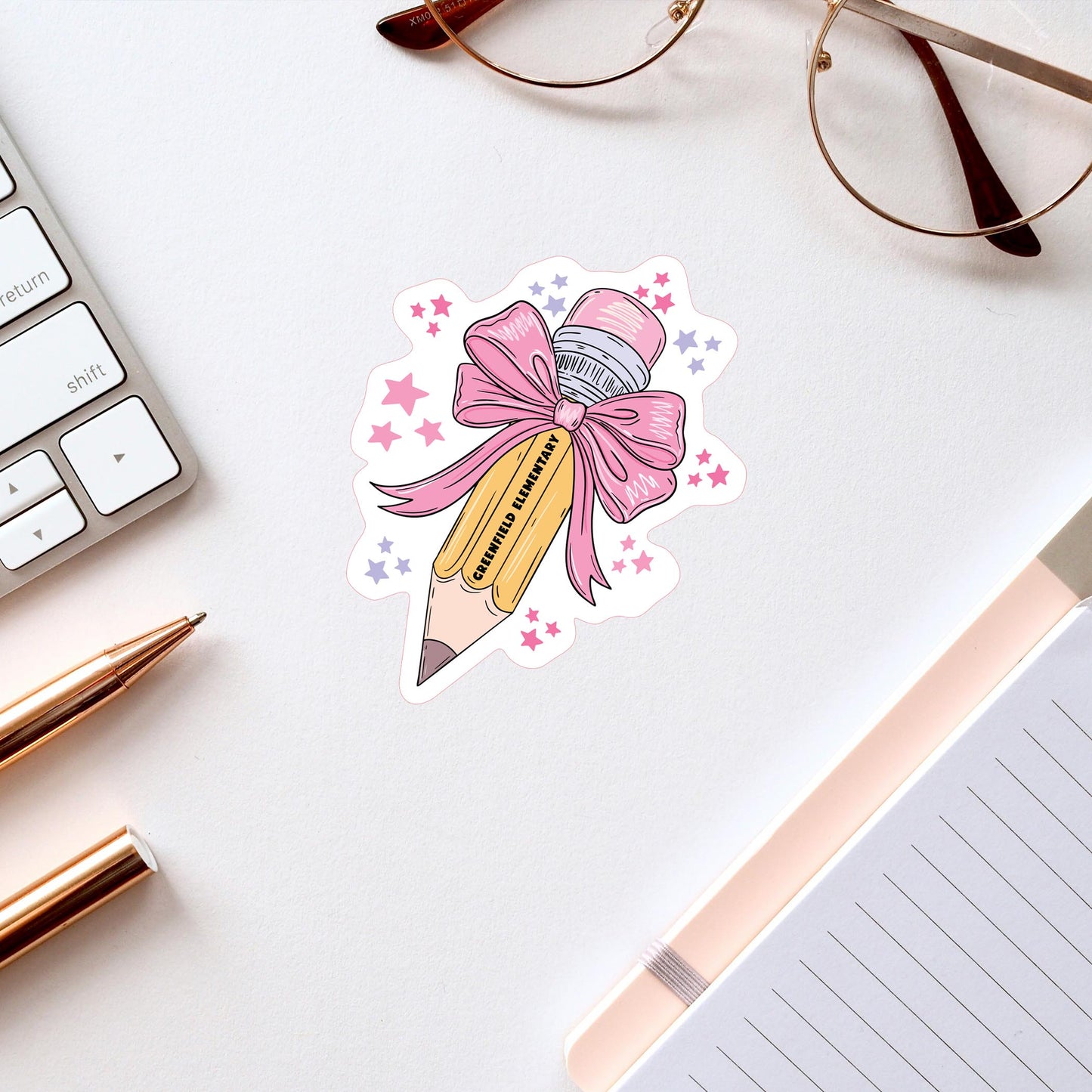 Vinyl Sticker-Love+Local Classroom Coquette Pencil Bow Stars -2