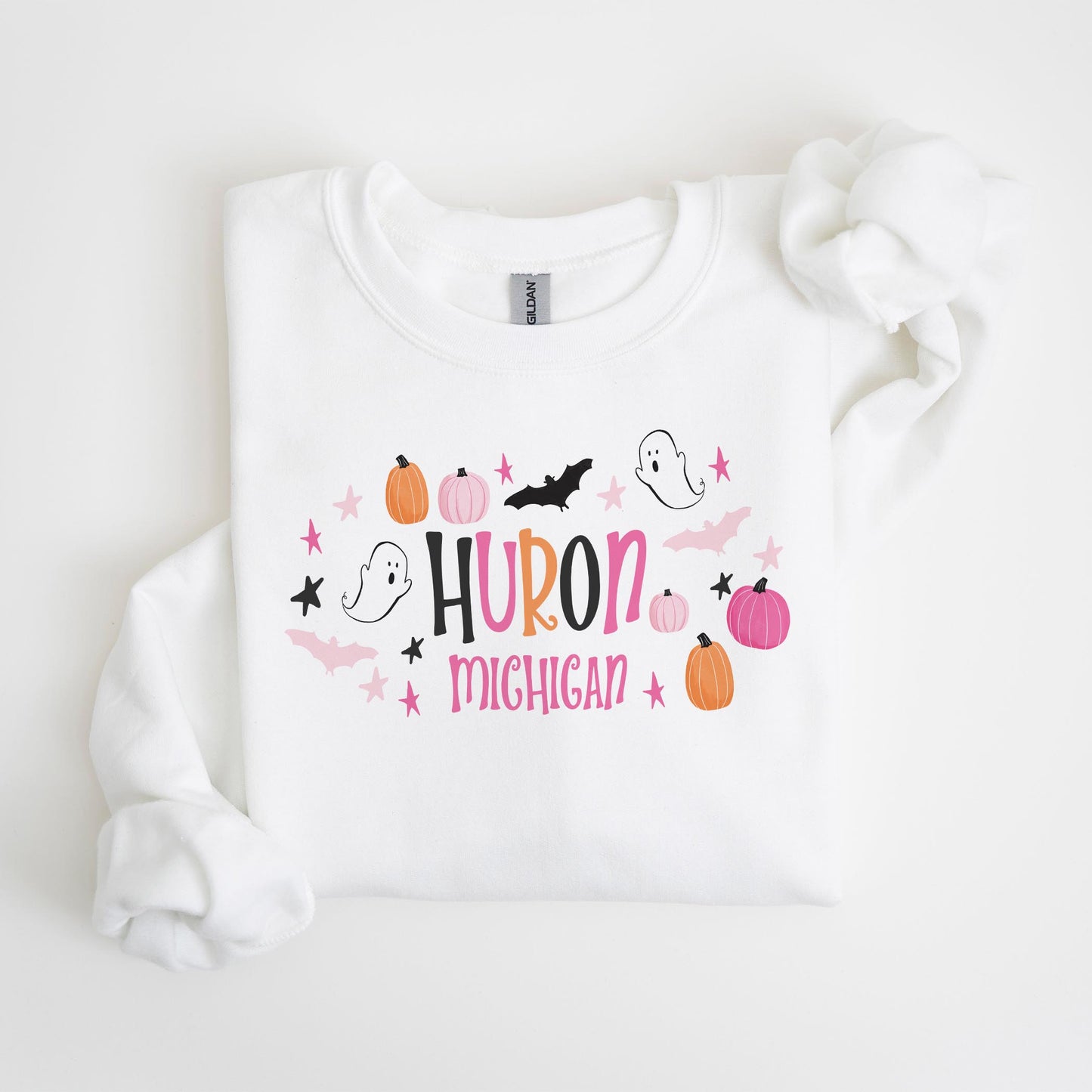 Gildan Sweatshirt White-Happy Ghost Huron Michigan