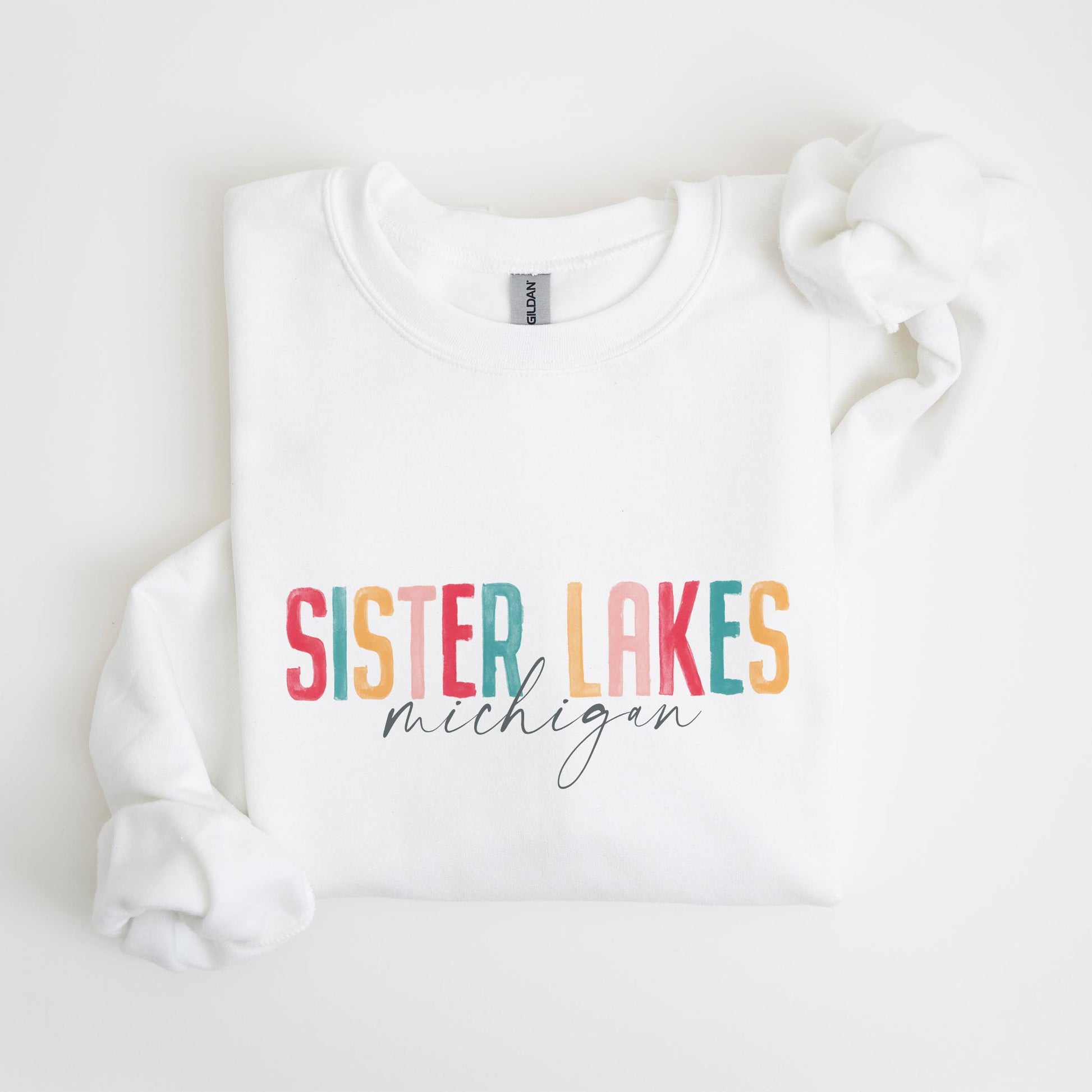 Gildan Sweatshirt White-Watercolor City Sister Lakes Michigan -4
