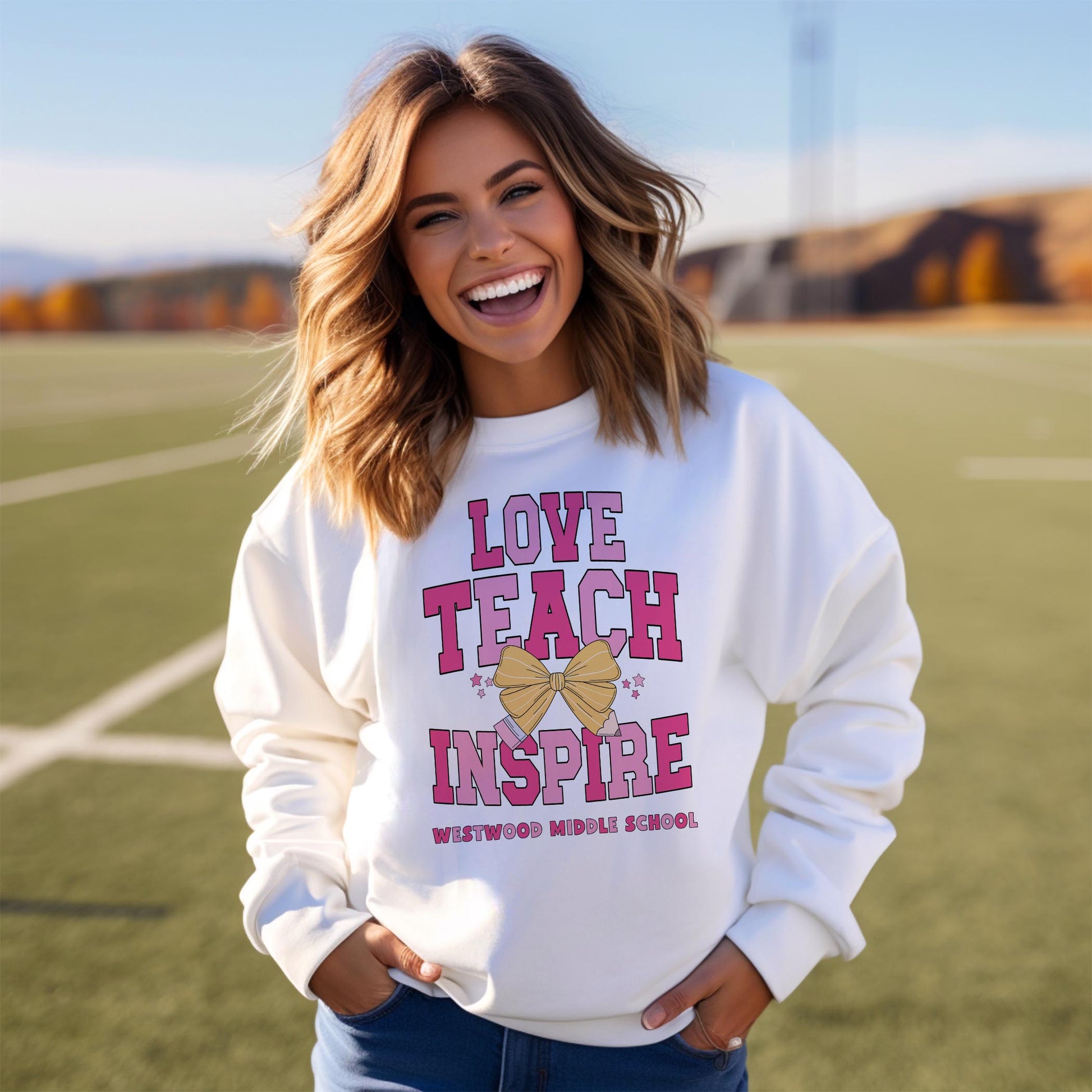 Gildan Sweatshirt White-Love+Local Classroom Coquette Love Teach Inspire -3