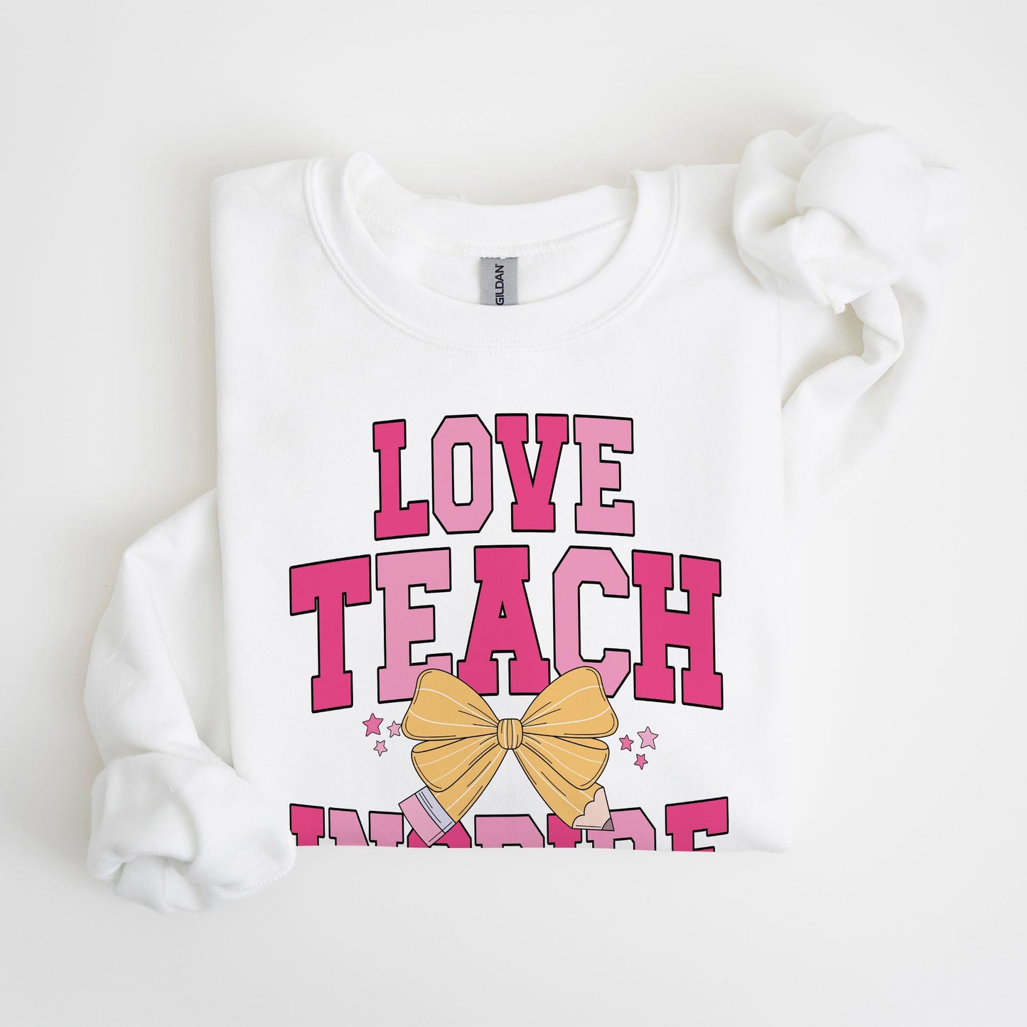 Gildan Sweatshirt White-Love+Local Classroom Coquette Love Teach Inspire -4