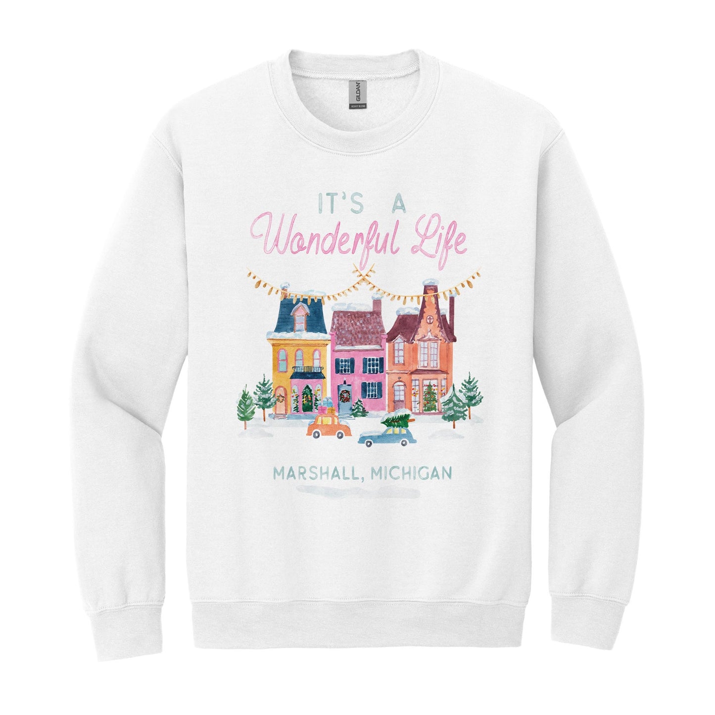 Gildan Sweatshirt White-It's A Wonderful Life Marshall Michigan -0
