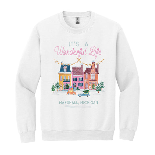 Gildan Sweatshirt White-It's A Wonderful Life Marshall Michigan -0