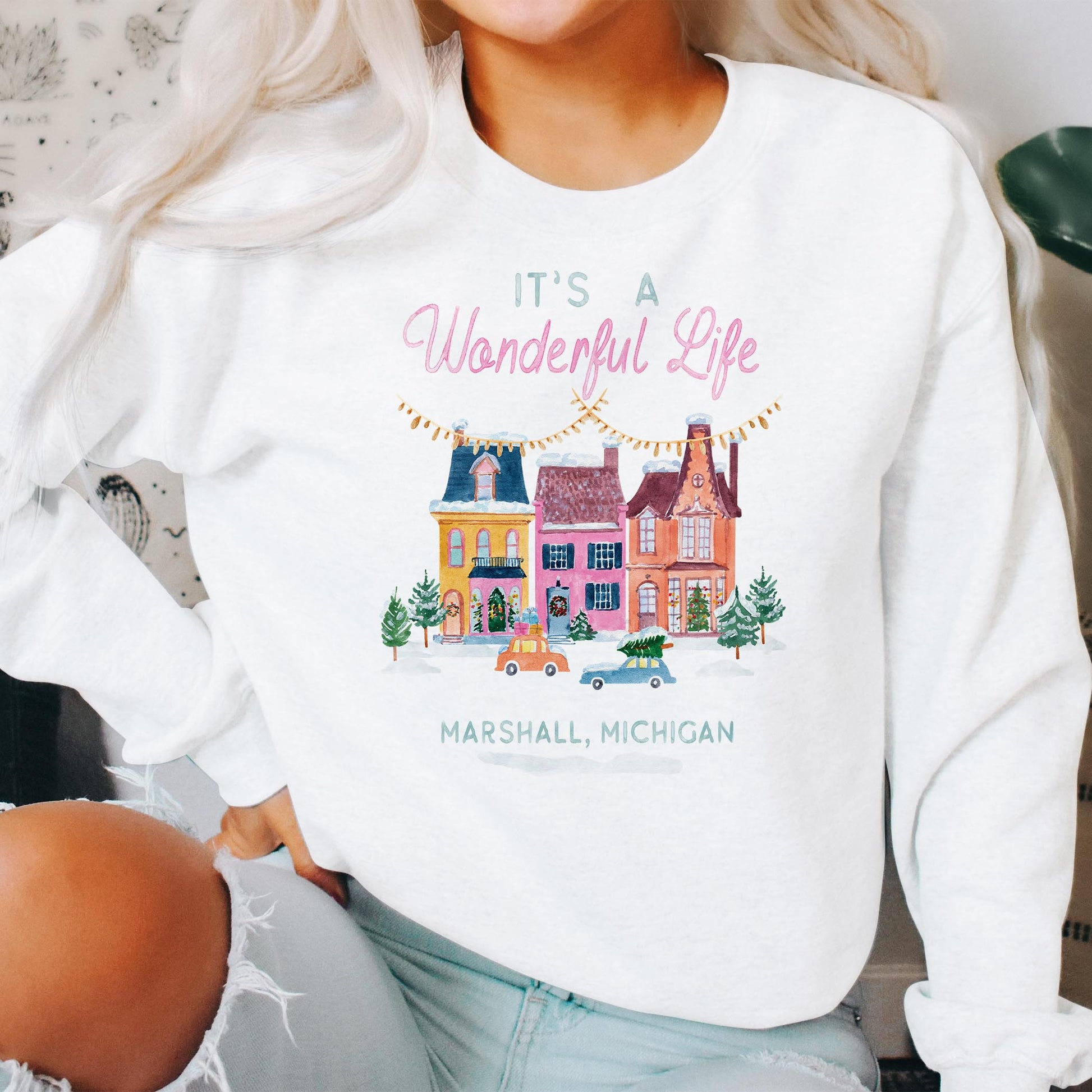 Gildan Sweatshirt White-It's A Wonderful Life Marshall Michigan -2