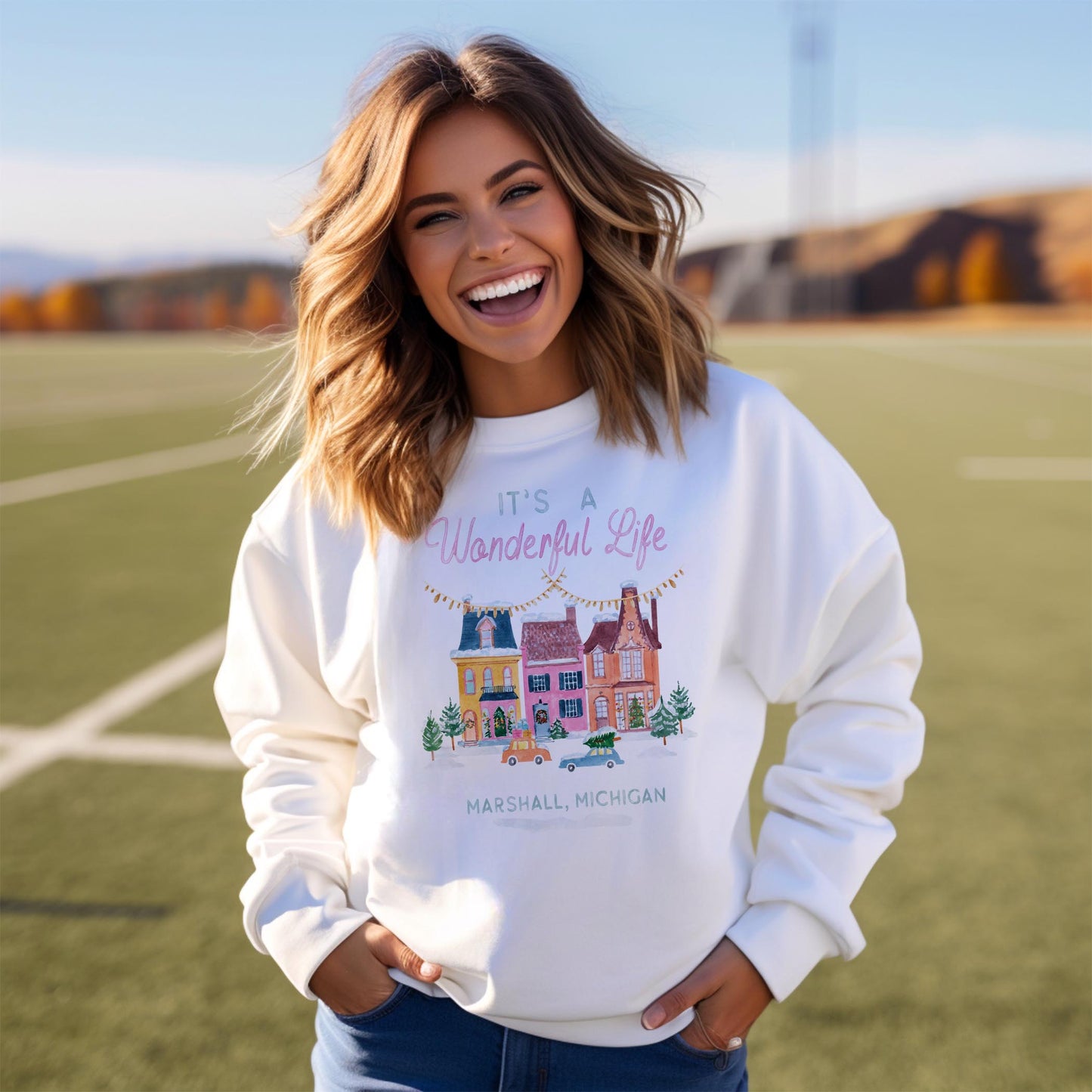 Gildan Sweatshirt White-It's A Wonderful Life Marshall Michigan -3