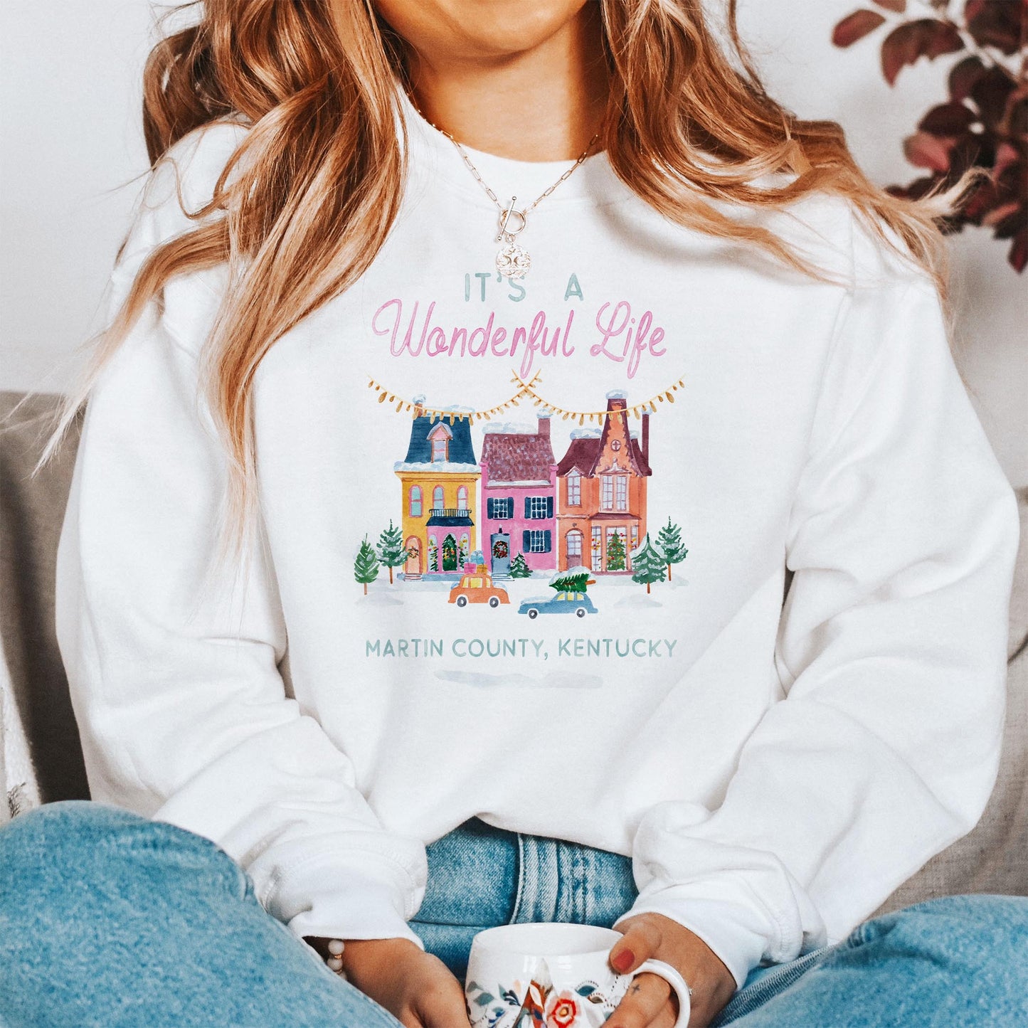 Gildan Sweatshirt White-It's A Wonderful Life Martin County Kentucky -1
