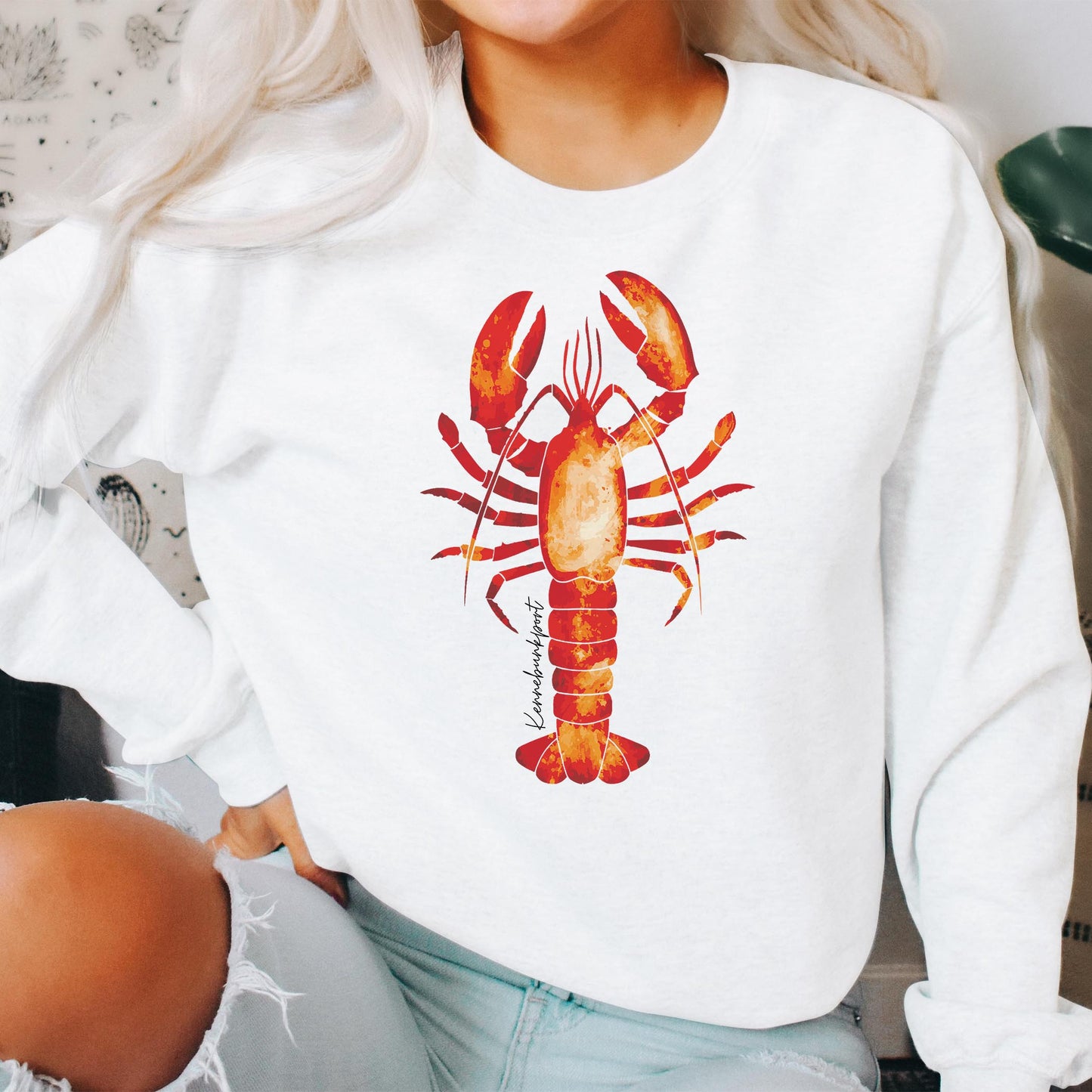 Gildan Sweatshirt White-Kennebunkport Maine Orange Lobster