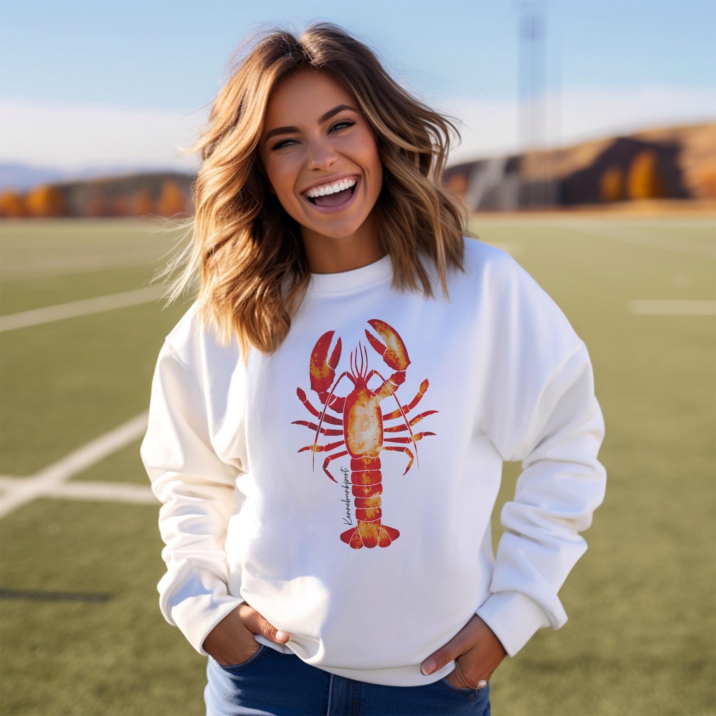 Gildan Sweatshirt White-Kennebunkport Maine Orange Lobster