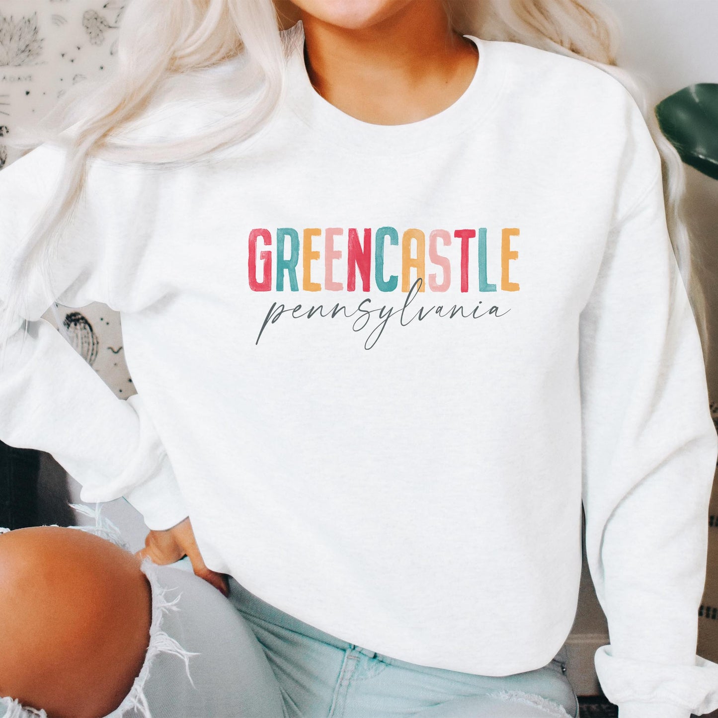 Gildan Sweatshirt White-Watercolor City Greencastle Pennsylvania
