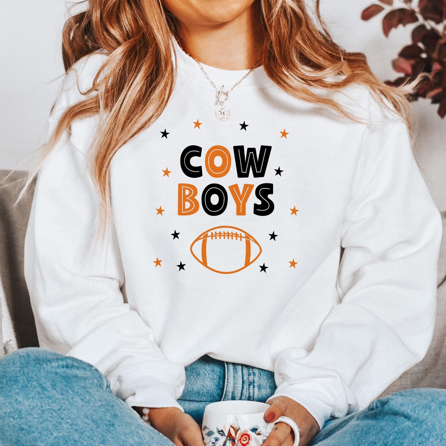 Gildan Sweatshirt White-Game Day Stars Cowboys Football Orange & Black