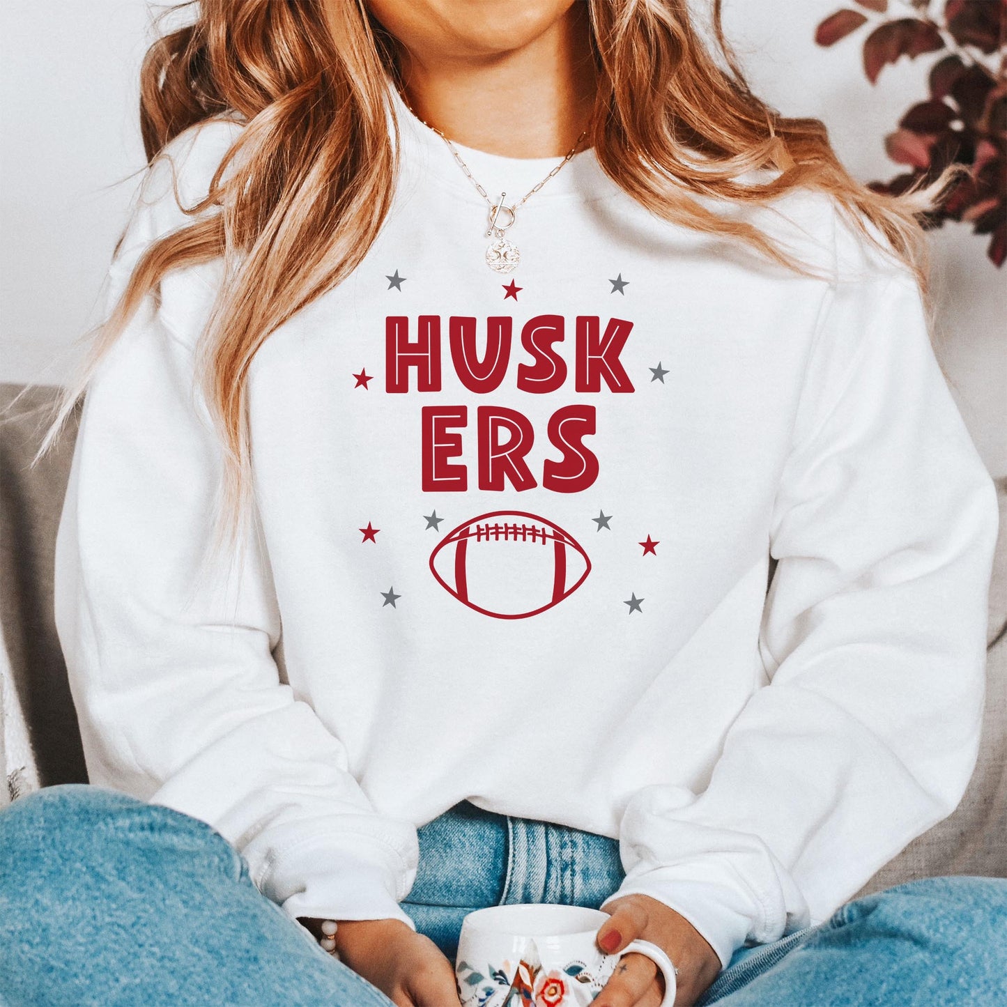 Gildan Sweatshirt White-Game Day Stars Nebraska Football Red & Grey