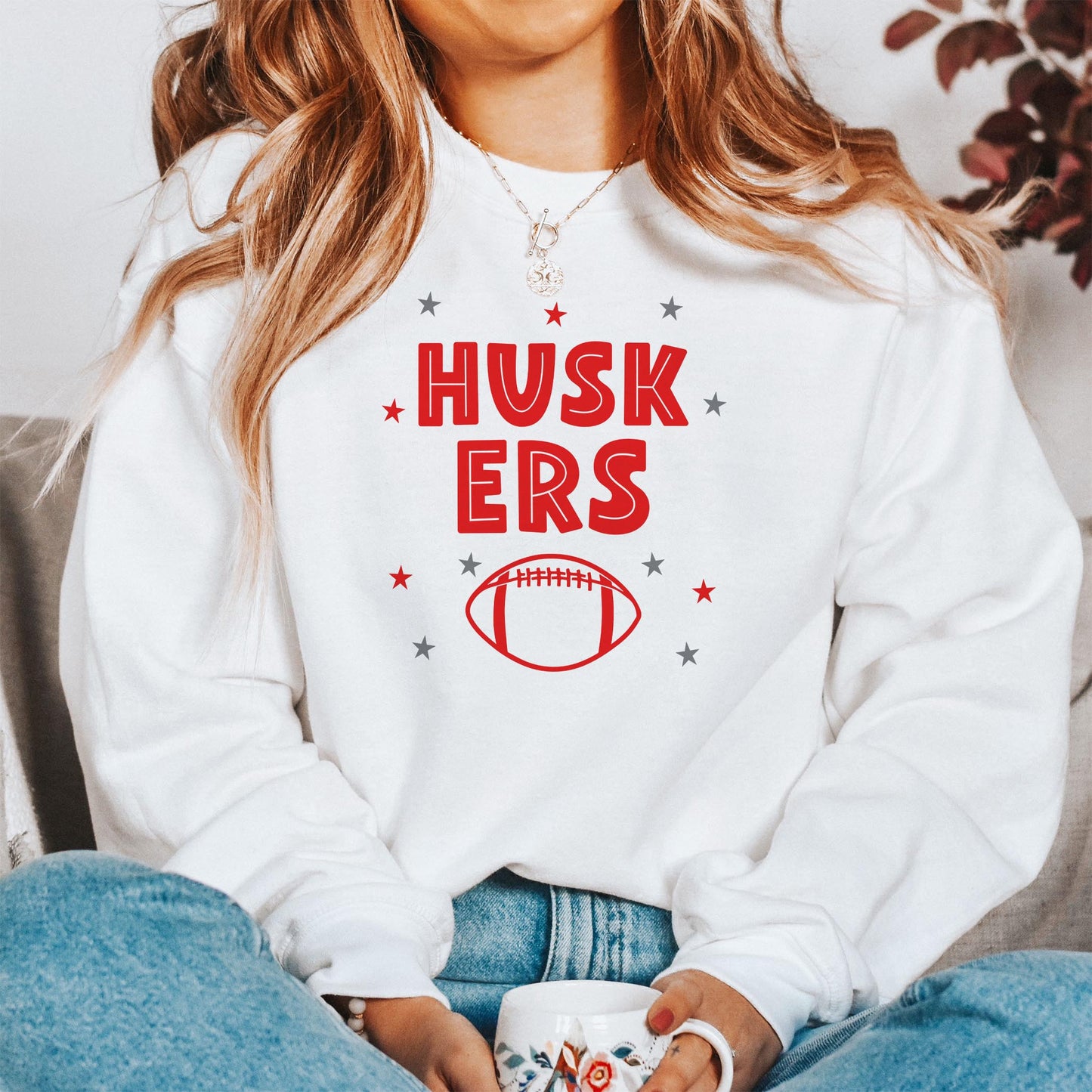 Gildan Sweatshirt White-Game Day Stars Huskers Football Red & Grey