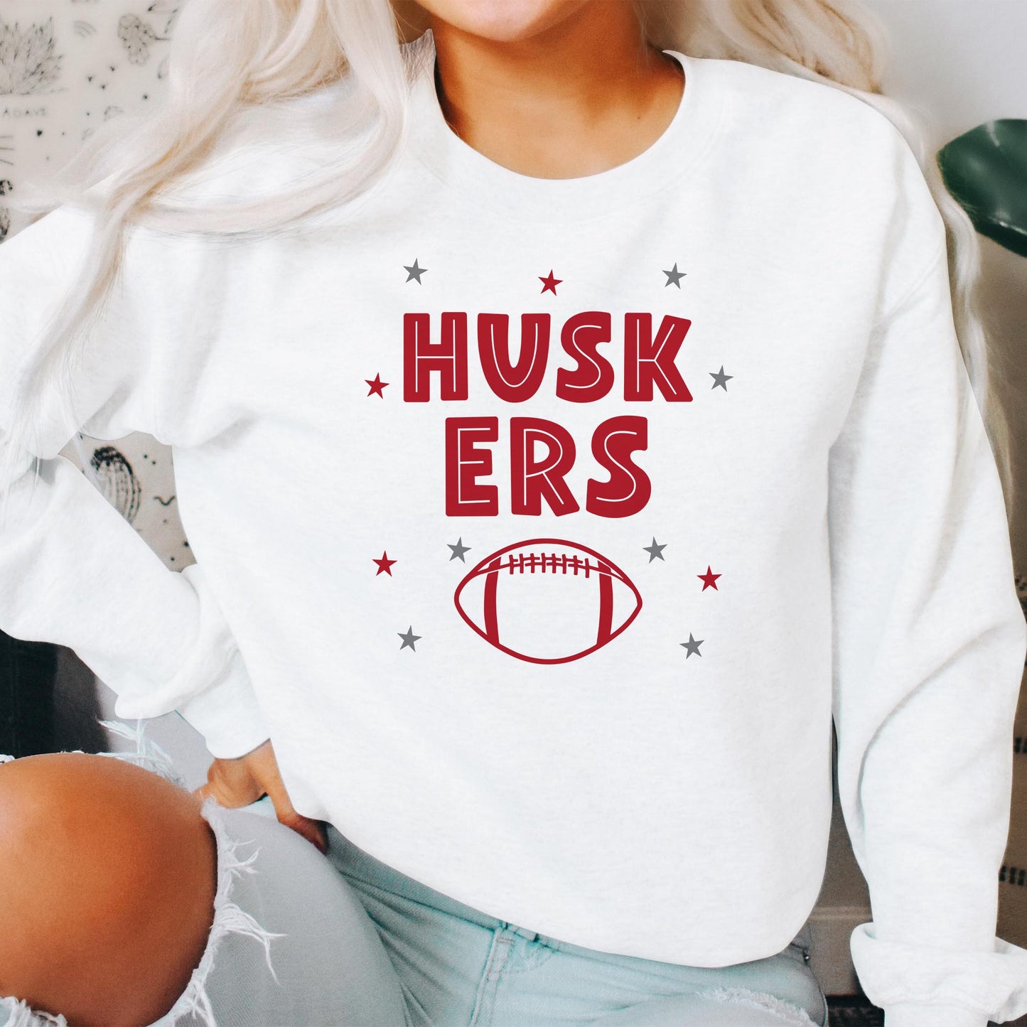 Gildan Sweatshirt White-Game Day Stars Nebraska Football Red & Grey