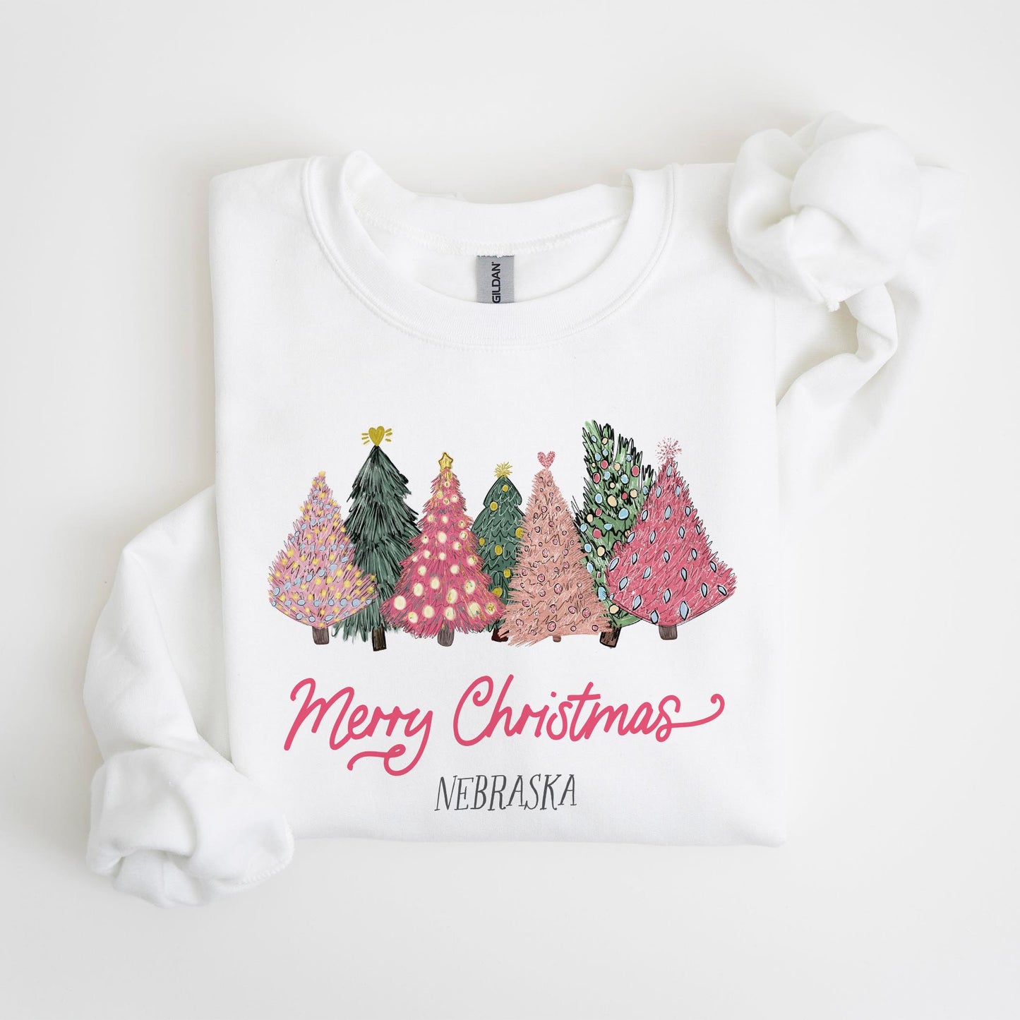 Gildan Sweatshirt White-Pink Trees Nebraska
