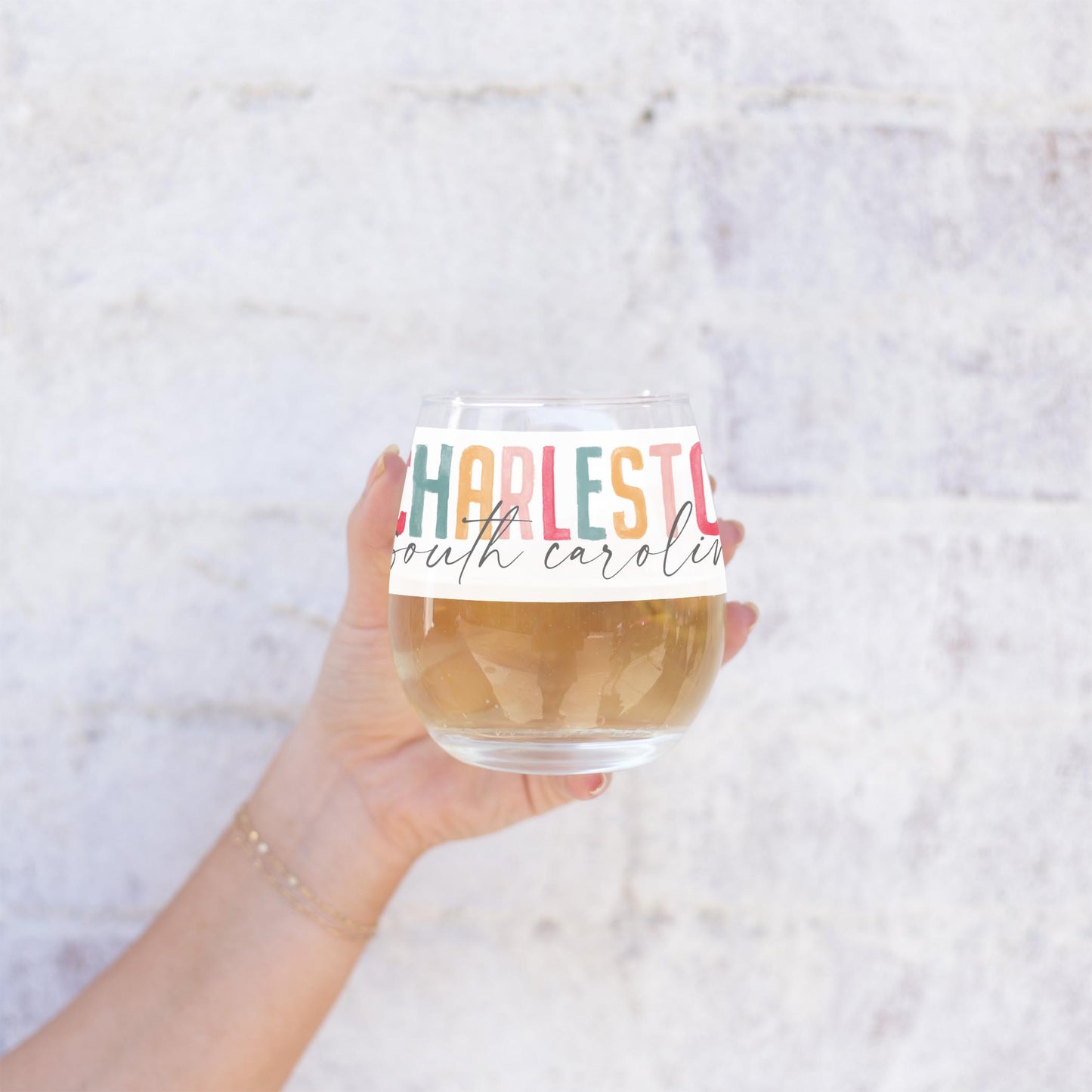 15oz Stemless Wine Glass-Watercolor City Charleston South Carolina -1