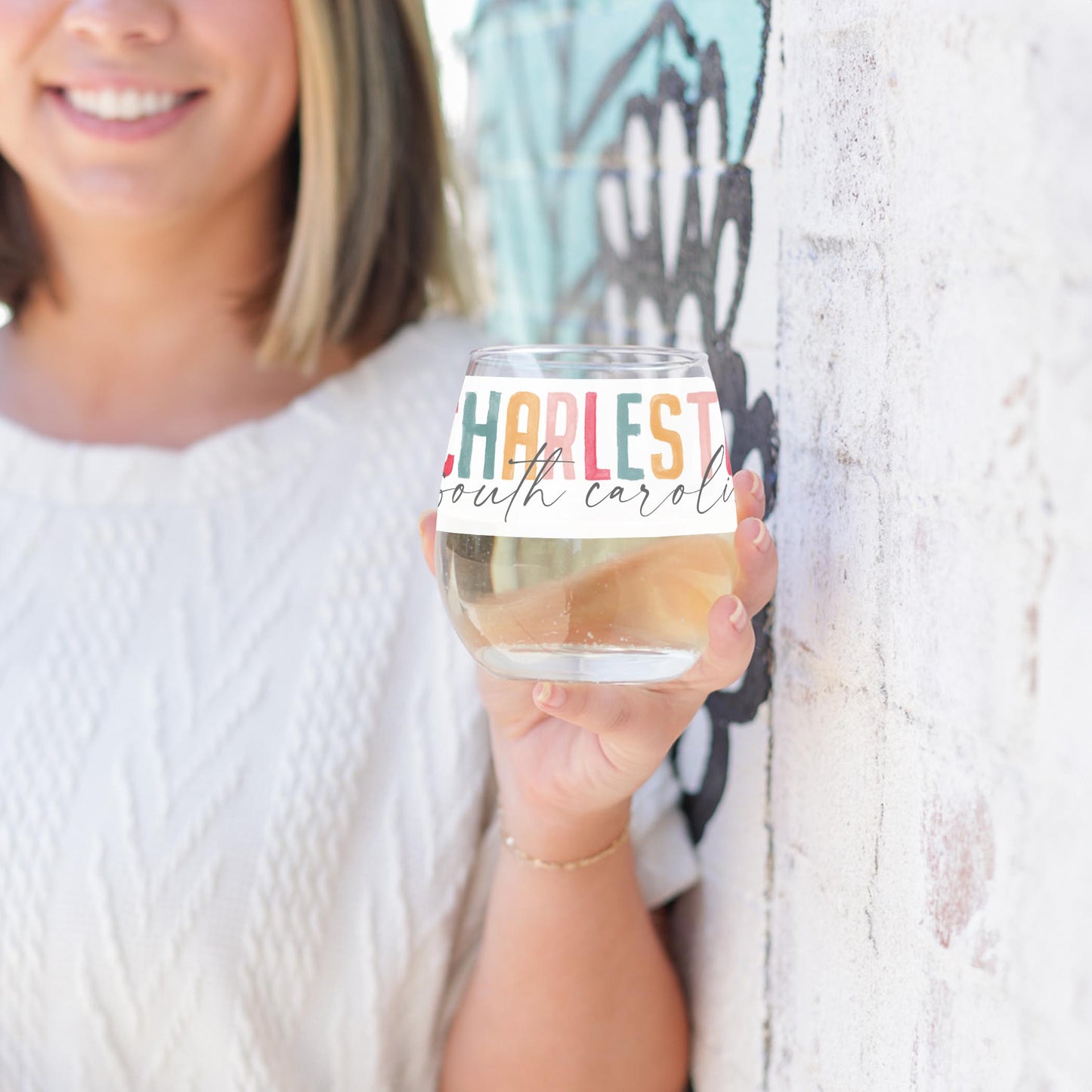 15oz Stemless Wine Glass-Watercolor City Charleston South Carolina -2