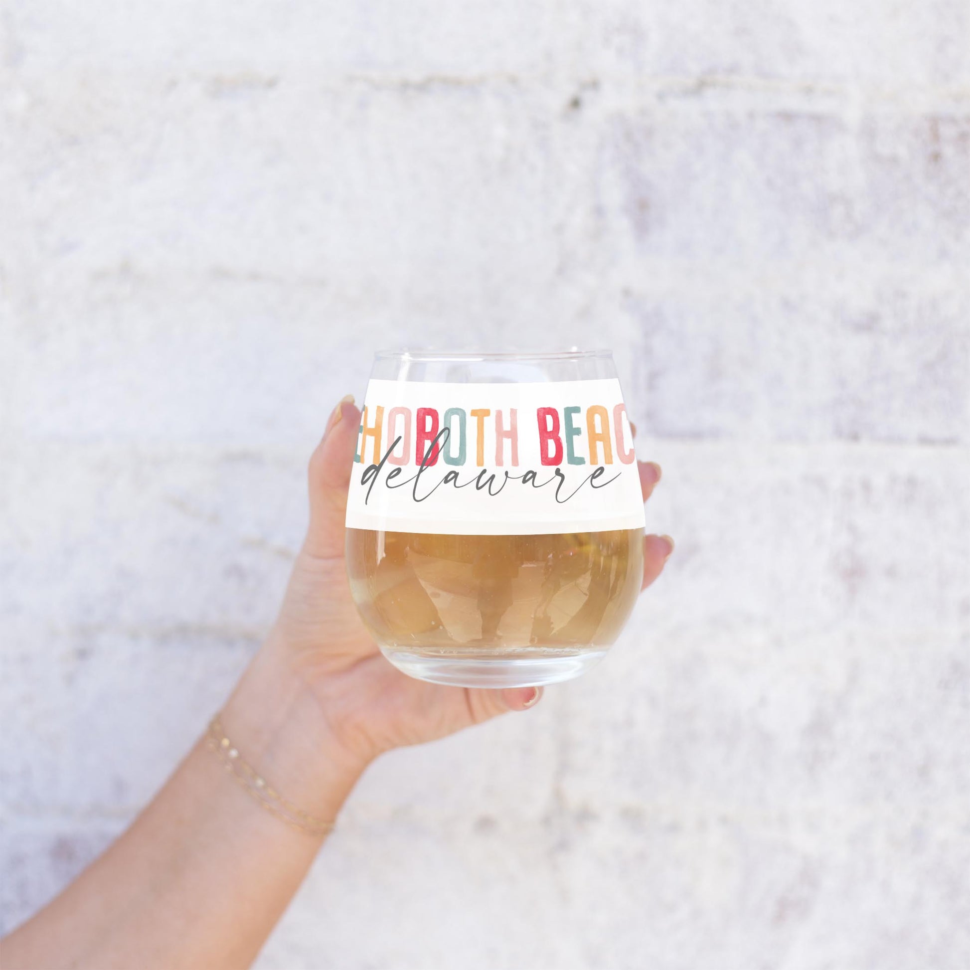 15oz Stemless Wine Glass-Watercolor City Rehoboth Beach Delaware -1