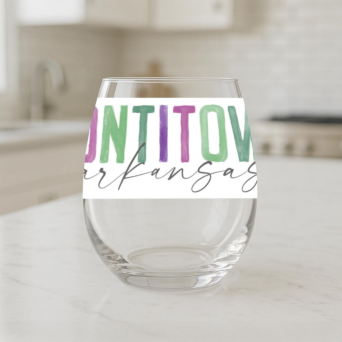15oz Stemless Wine Glass-Watercolor City Tontitown Arkansas -1