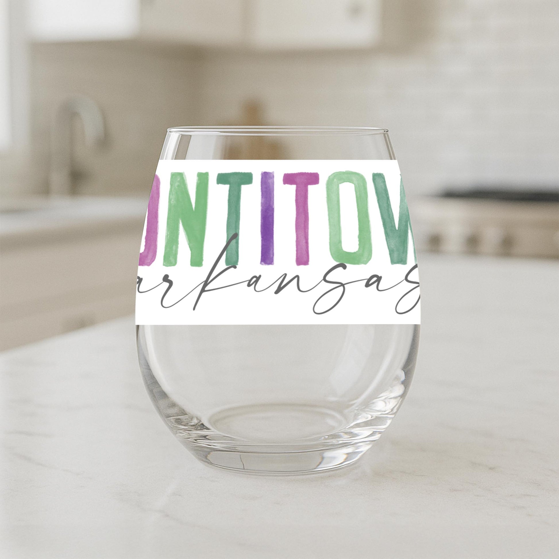 15oz Stemless Wine Glass-Watercolor City Tontitown Arkansas -1