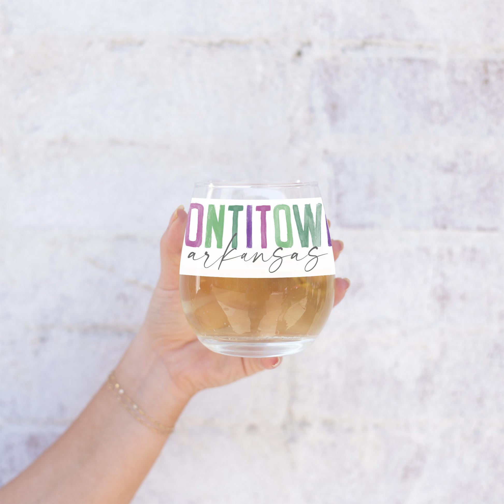 15oz Stemless Wine Glass-Watercolor City Tontitown Arkansas -2