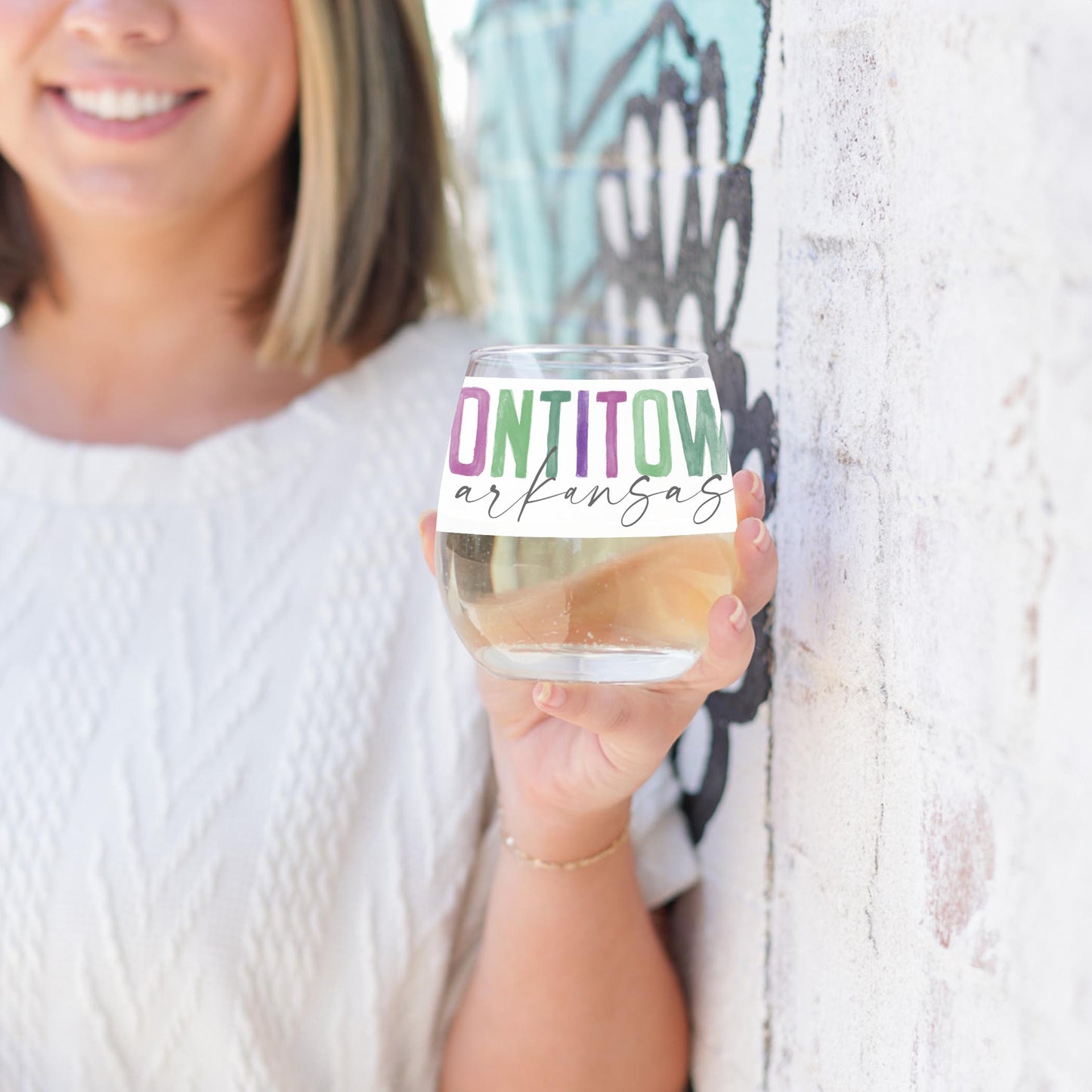 15oz Stemless Wine Glass-Watercolor City Tontitown Arkansas -3