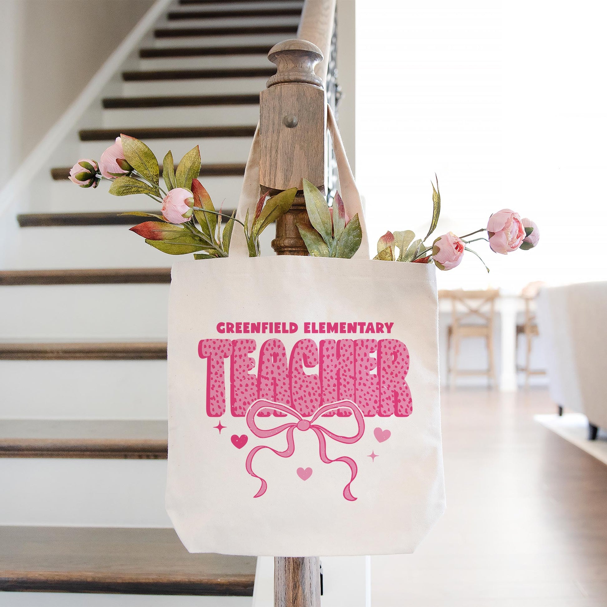 Tote Bag Natural Canvas-Love+Local Classroom Coquette Teacher Bow -1