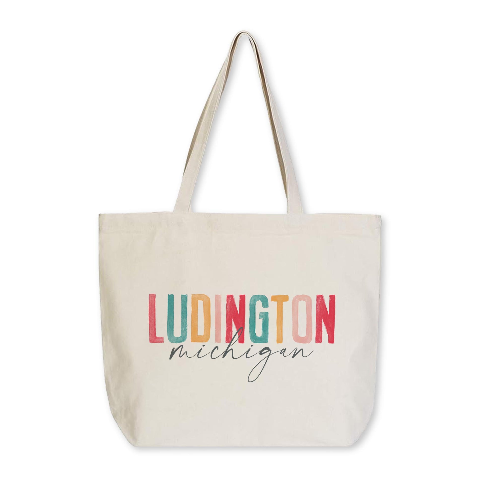 Tote Bag Natural Canvas-Watercolor City Ludington Michigan -0