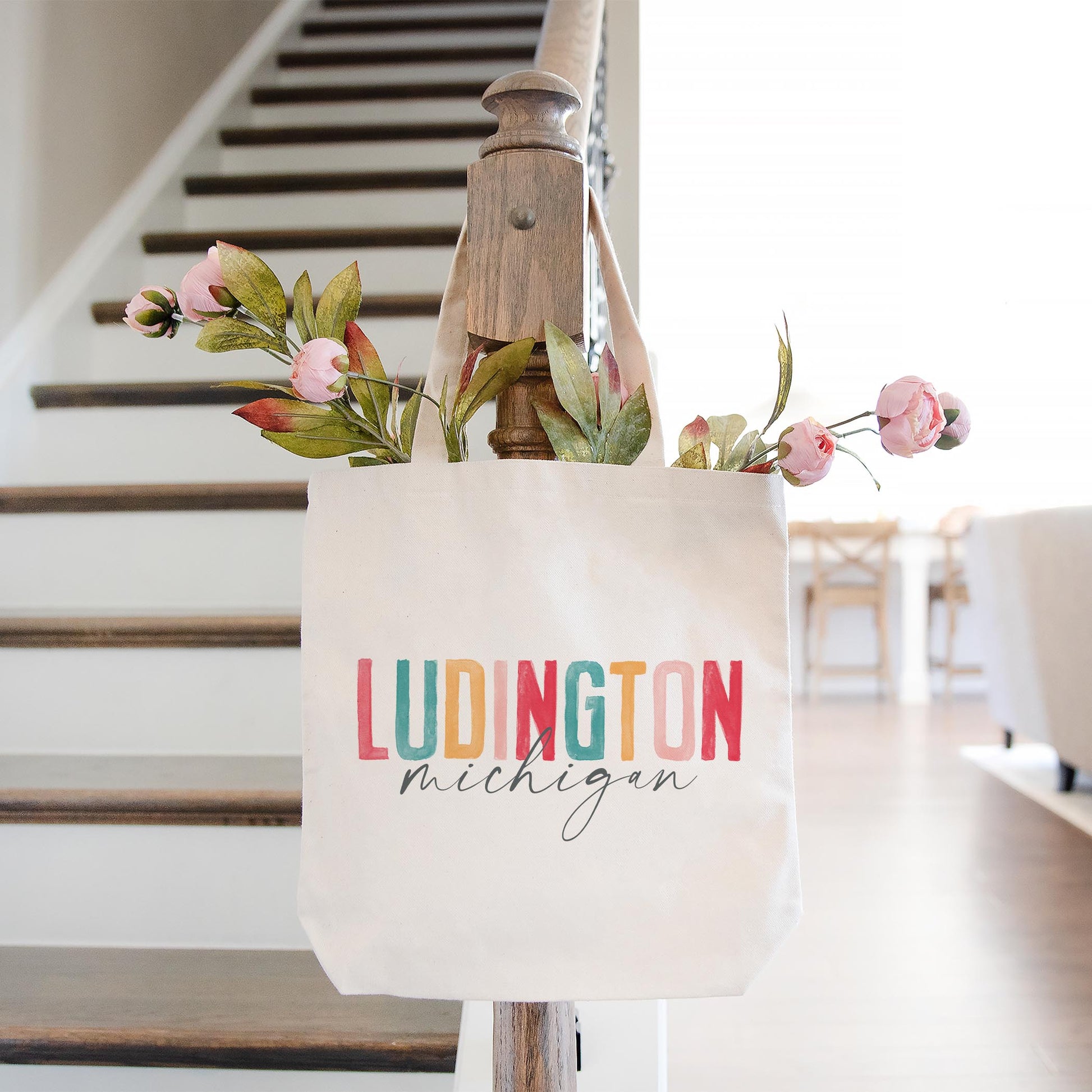 Tote Bag Natural Canvas-Watercolor City Ludington Michigan -1