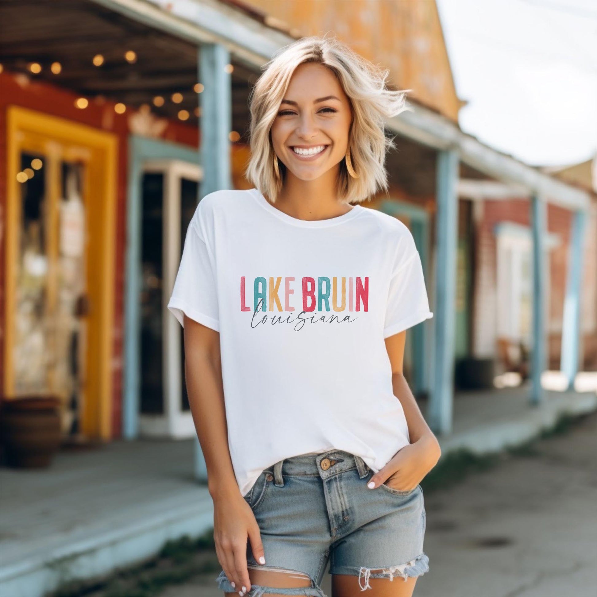 Bella Canvas T-Shirt White-Watercolor City Lake Bruin Louisiana -1