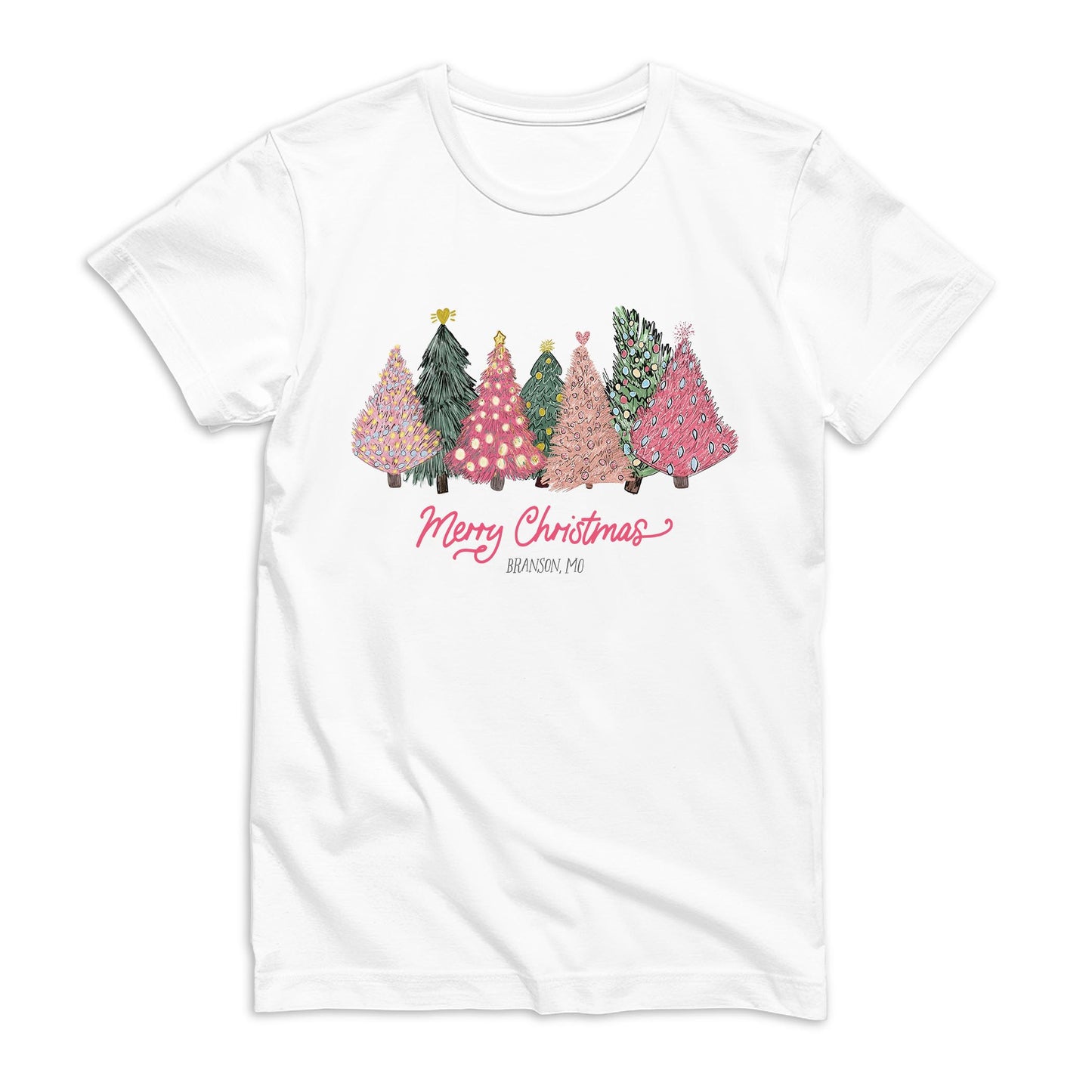 Bella Canvas T-Shirt White-Pink Christmas Trees Branson Missouri -0