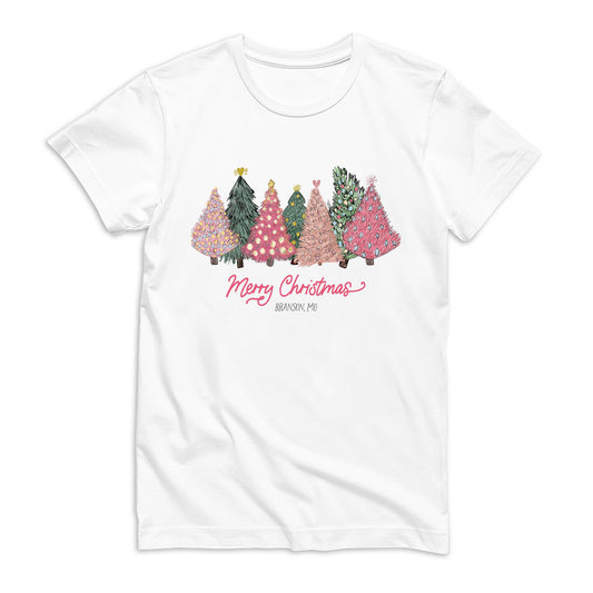 Bella Canvas T-Shirt White-Pink Christmas Trees Branson Missouri -0