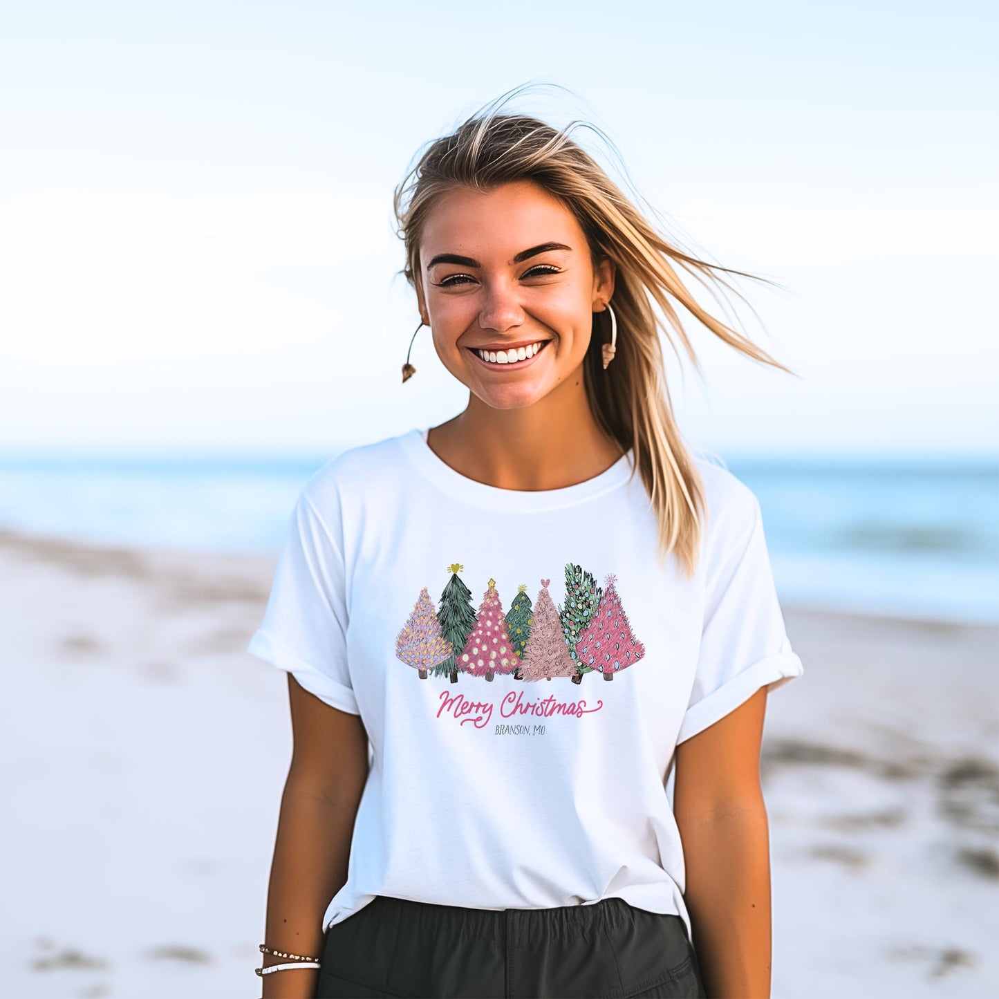 Bella Canvas T-Shirt White-Pink Christmas Trees Branson Missouri -2