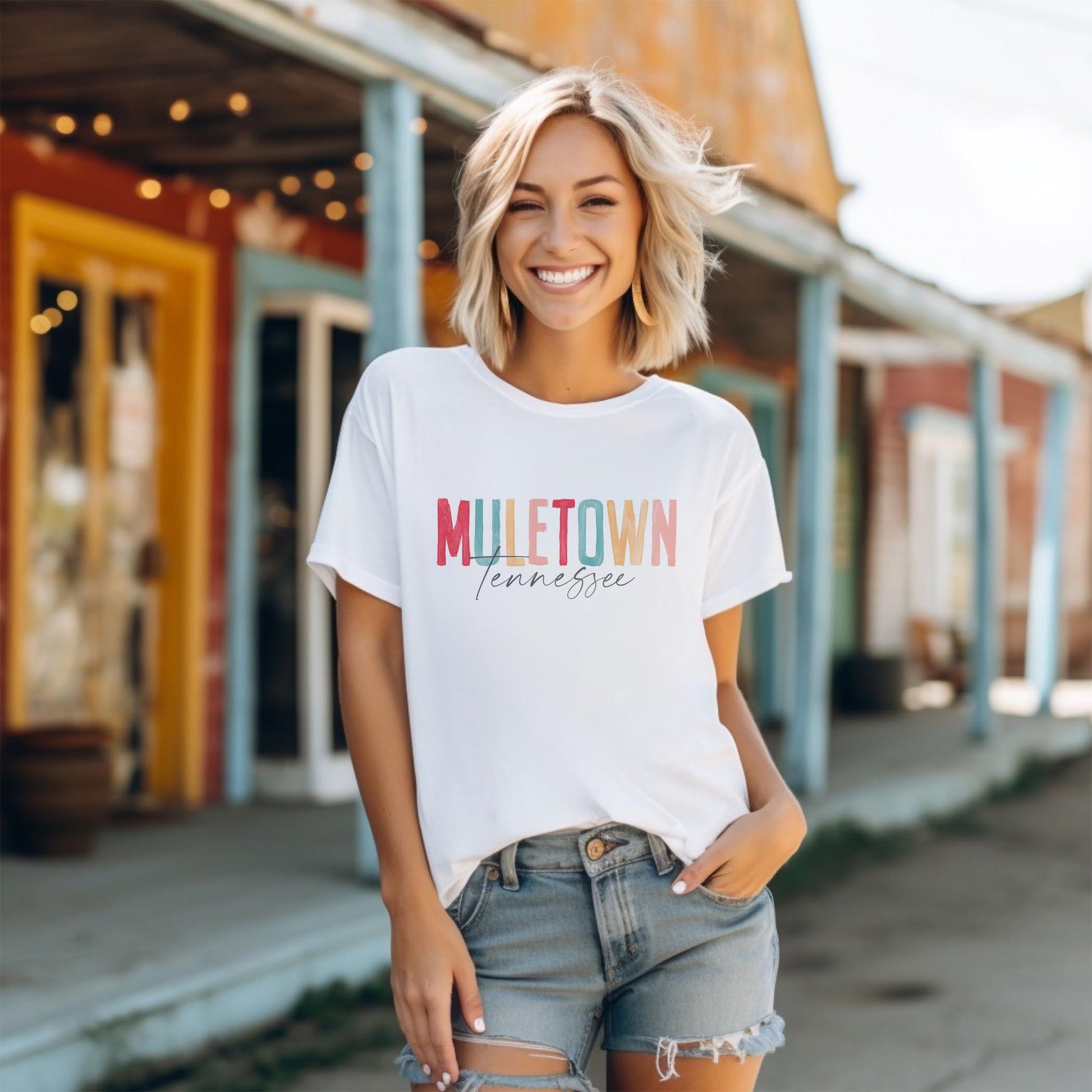 Bella Canvas T-Shirt White-Watercolor City Muletown Tennessee -1