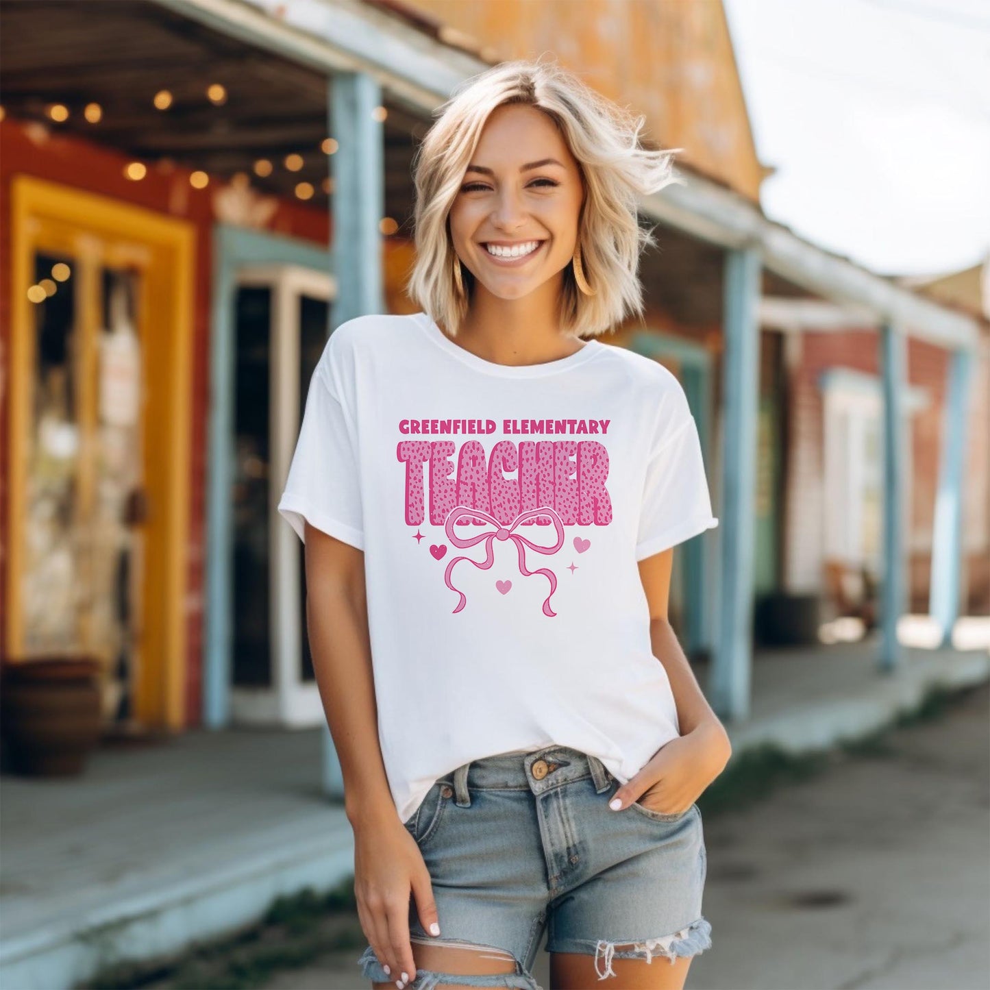 Bella Canvas T-Shirt White-Love+Local Classroom Coquette Teacher Bow -1