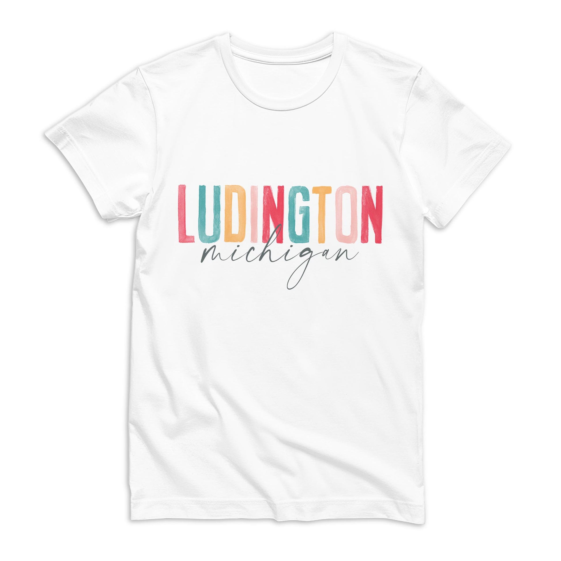 Bella Canvas T-Shirt White-Watercolor City Ludington Michigan -0