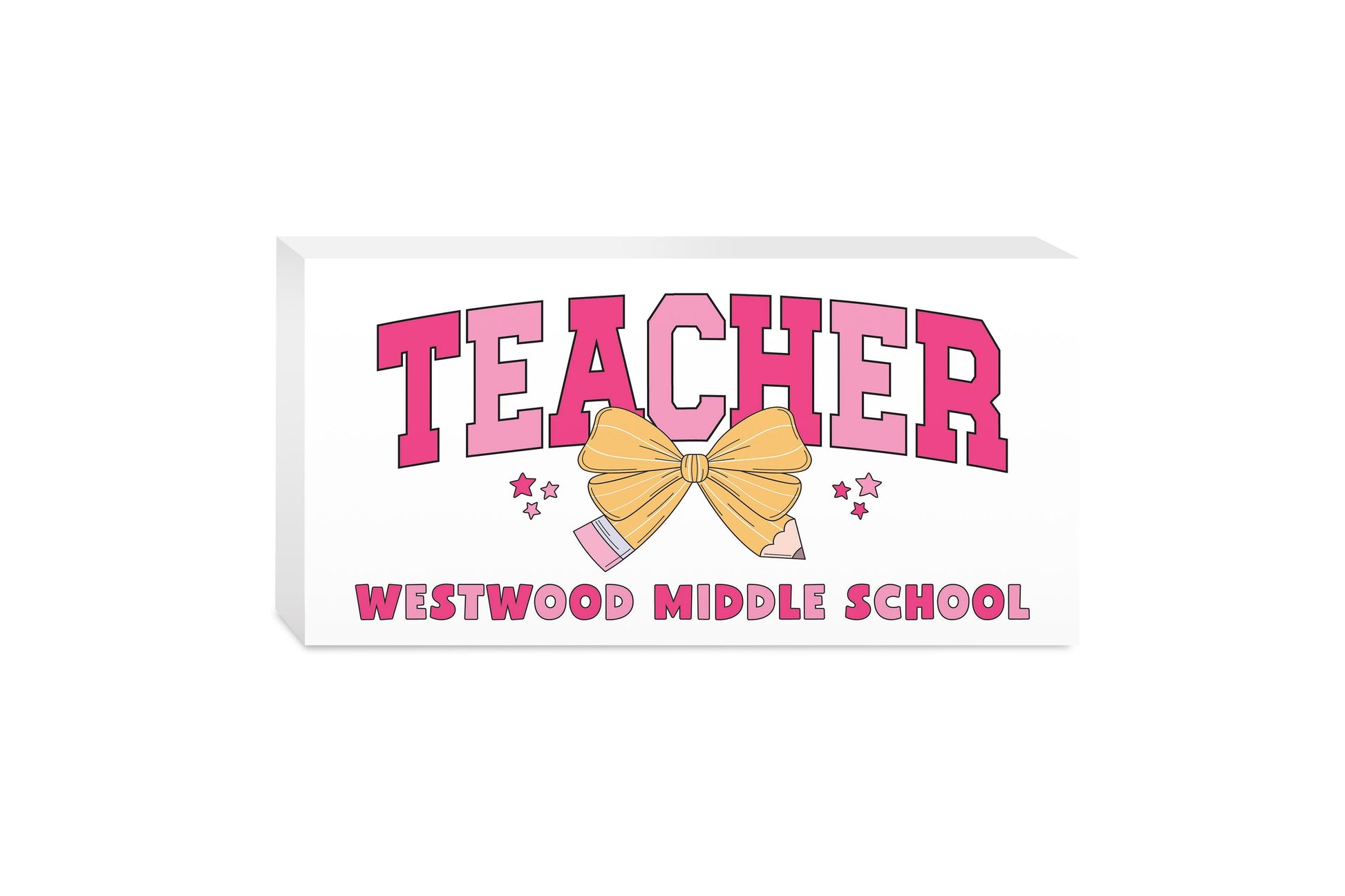5x10 Wood Block Horizontal-Love+Local Classroom Coquette Teacher Pencil Bow -0