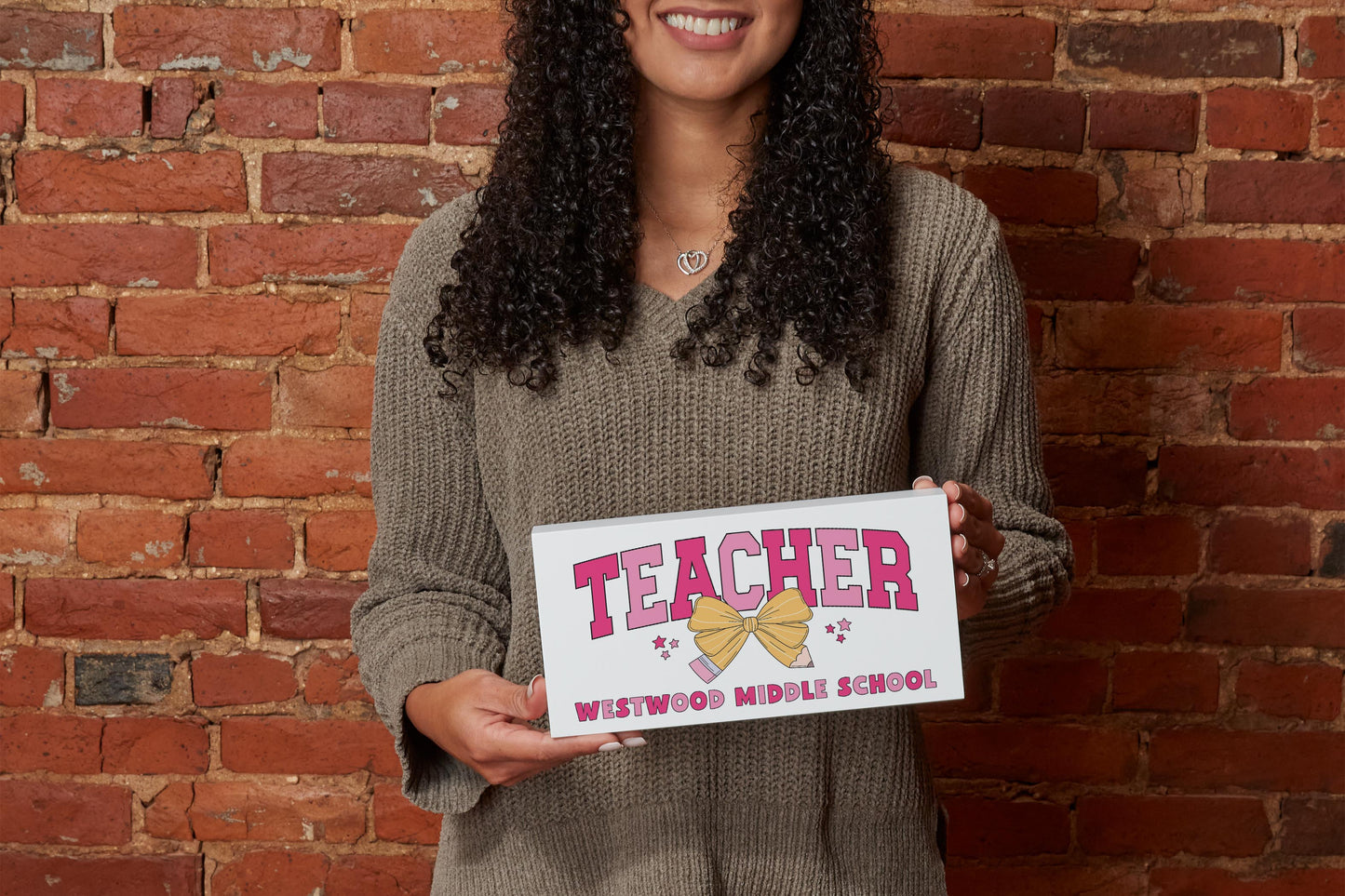 5x10 Wood Block Horizontal-Love+Local Classroom Coquette Teacher Pencil Bow -1