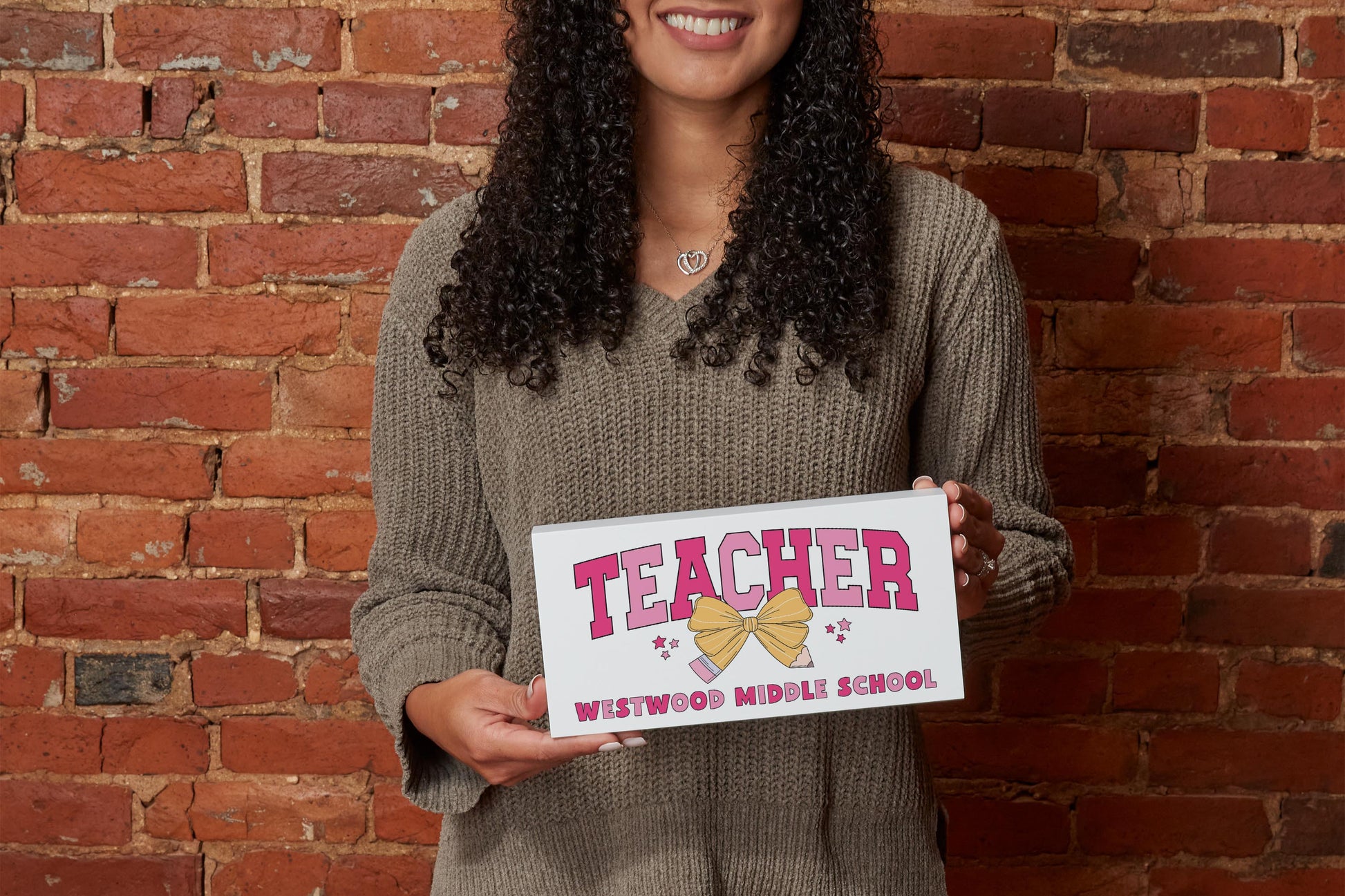 5x10 Wood Block Horizontal-Love+Local Classroom Coquette Teacher Pencil Bow -1